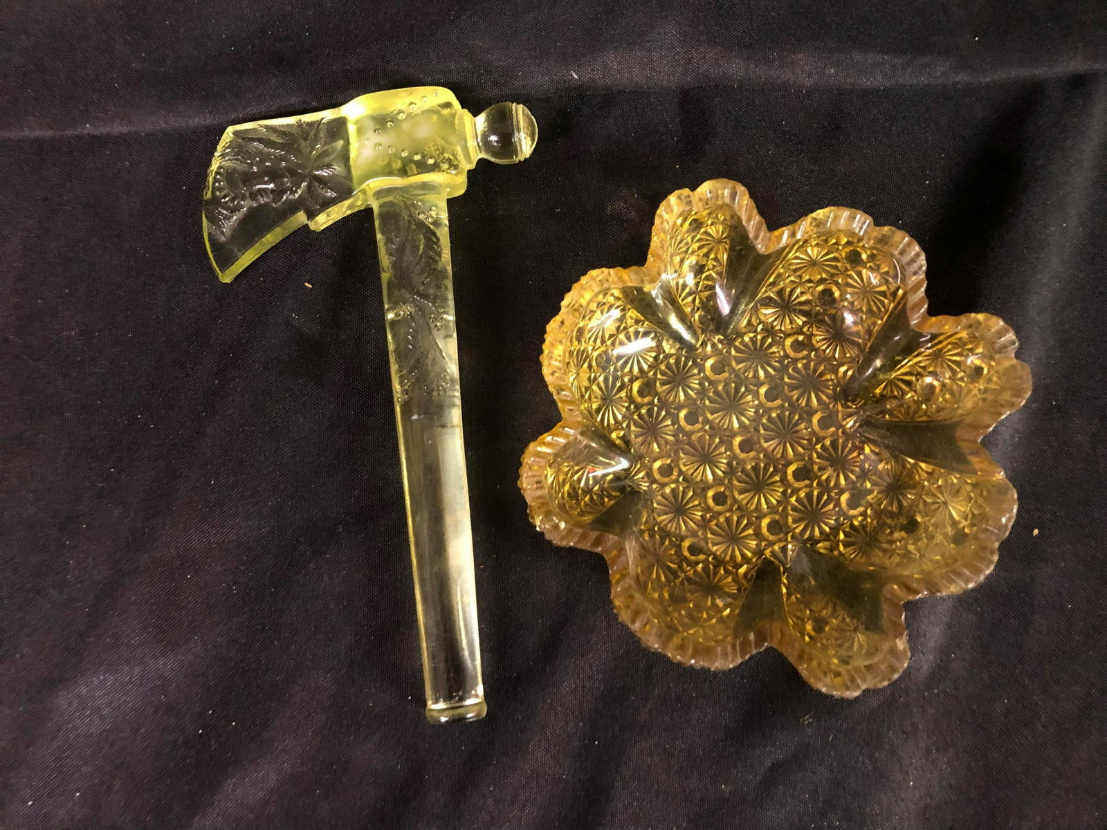 YELLOW NATIVE AMERICAN HATCHET AND BOWL: YELLOW NATIVE AMERICAN HATCHET AND BOWL