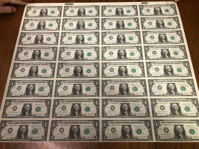 Uncut One Dollar Bill Sheet Authentic