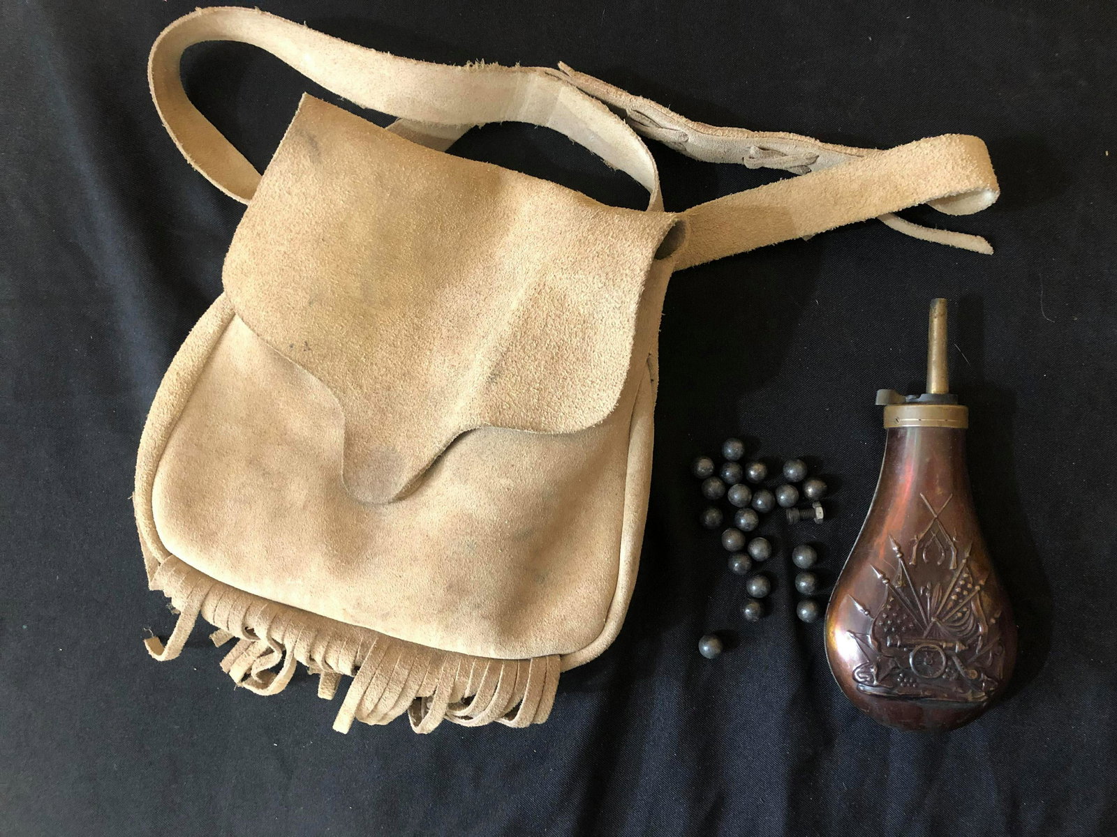 Black Powder Bag With Shot & Powder Flask: Black Powder Bag With Shot & Powder Flask