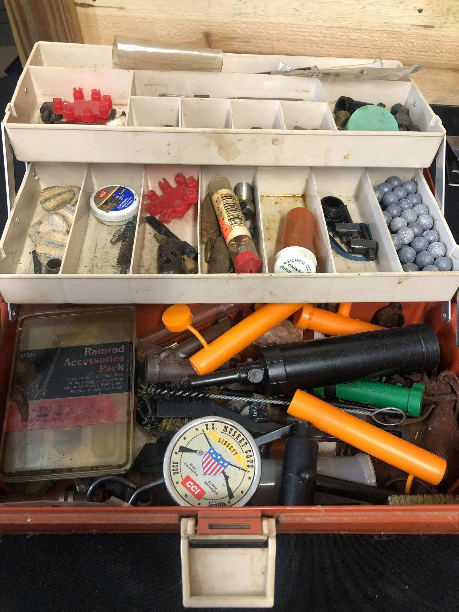 Tool Box Of Black Powder Supplies, Bullets, Ram Rods,: Tool Box Of Black Powder Supplies, Bullets, Ram Rods, Caps, etc.