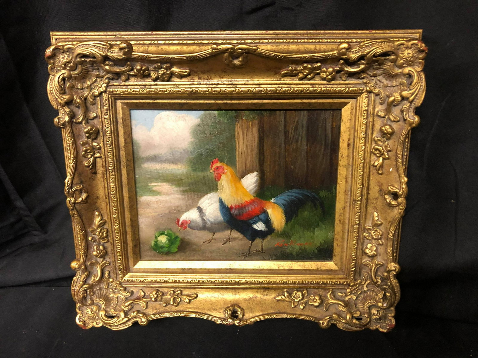 ROOSTER SCENE OIL ON CANVAS: ROOSTER SCENE OIL ON CANVAS