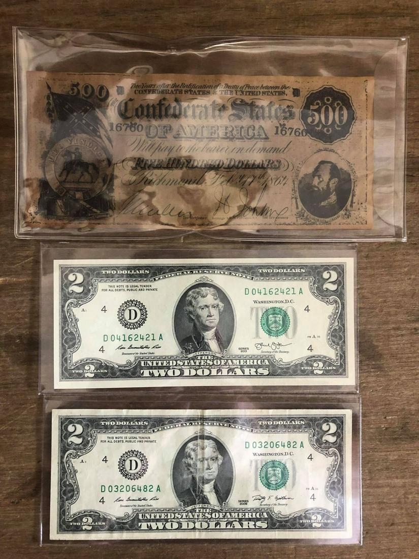$500 Confederate, Two $2 Bills: $500 Confederate, Two $2 Bills