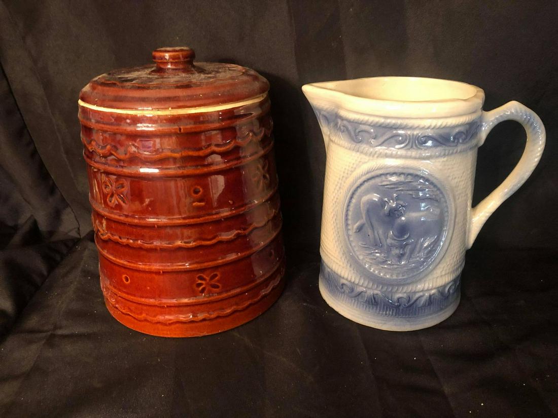 POTTERY PITCHER/COOKIE JAR ANTIQUE (10") (1 of 3)