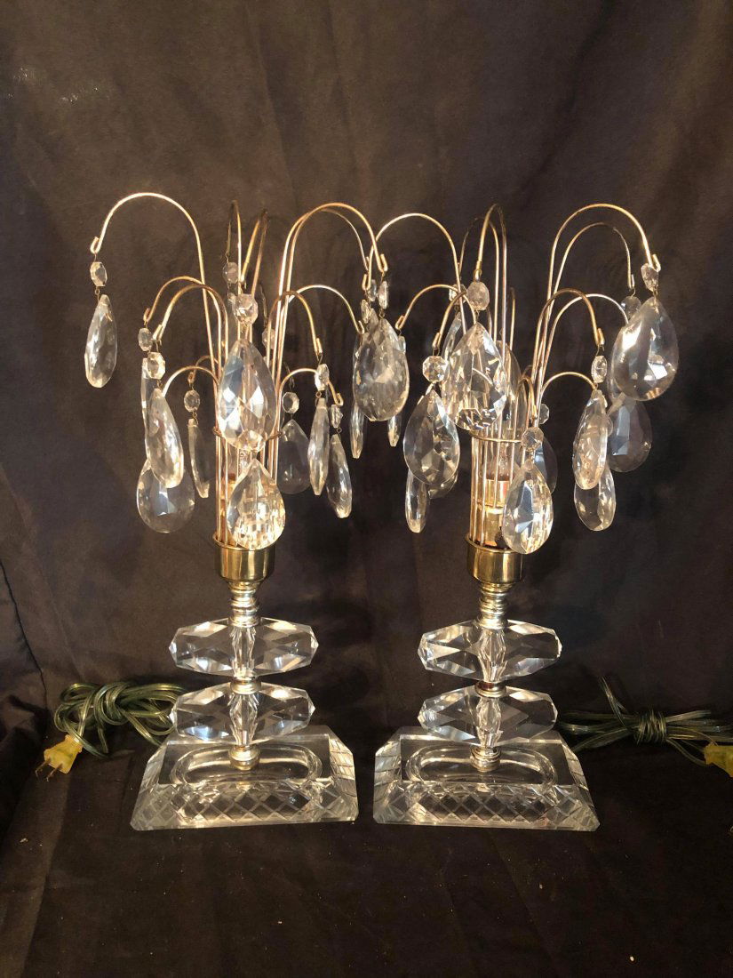 PAIR OF VINTAGE CRYSTAL LAMPS WITH HANGING PRISMS (19") (1 of 3)