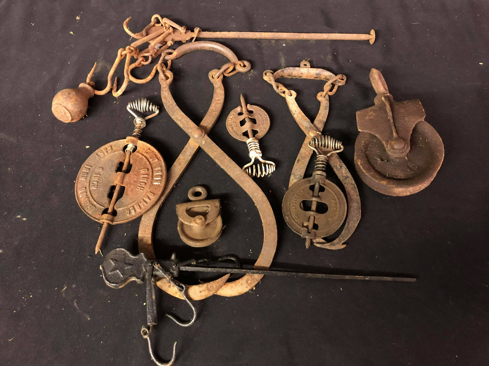 COLLECTION OF CAST IRON TONGS, COTTON SCALES, STOVE TOP: COLLECTION OF CAST IRON TONGS, COTTON SCALES, STOVE TOP ITEMS, ETC.