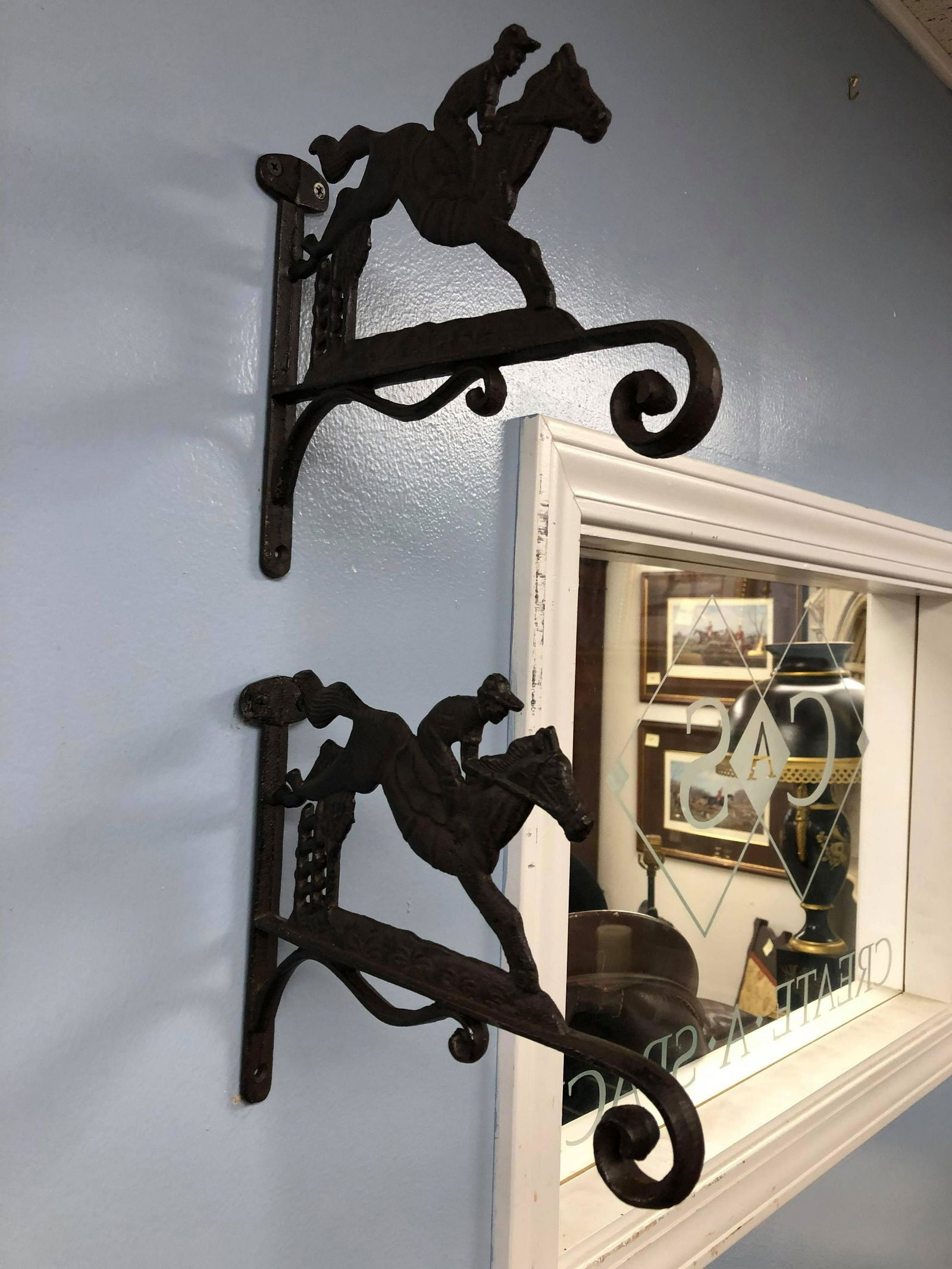 Pair Of Cast Iron Horse & Rider Brackets/Plant Hangers (1 of 2)