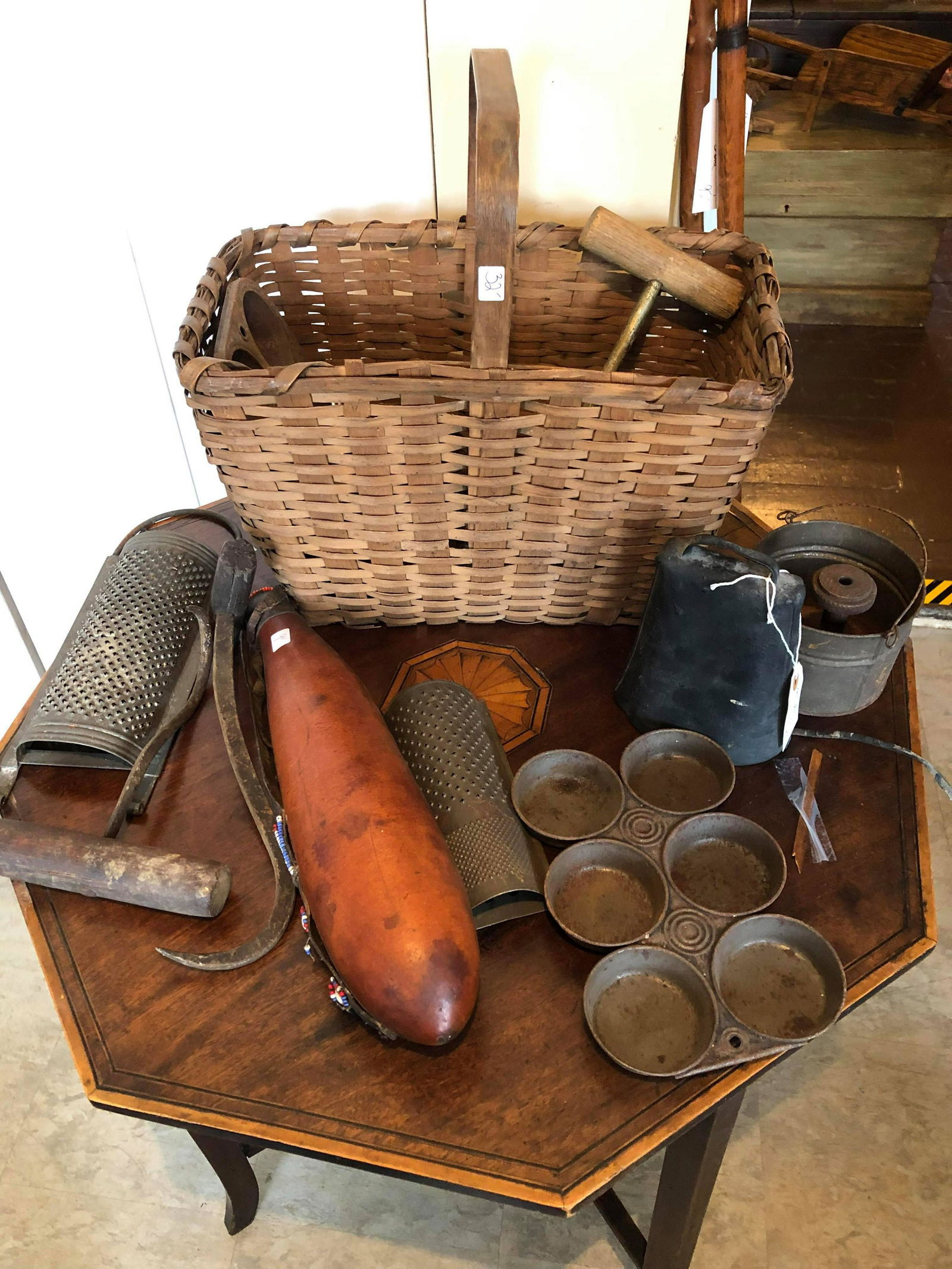 Antique Basket With Primitive Kitchen Items (1 of 1)