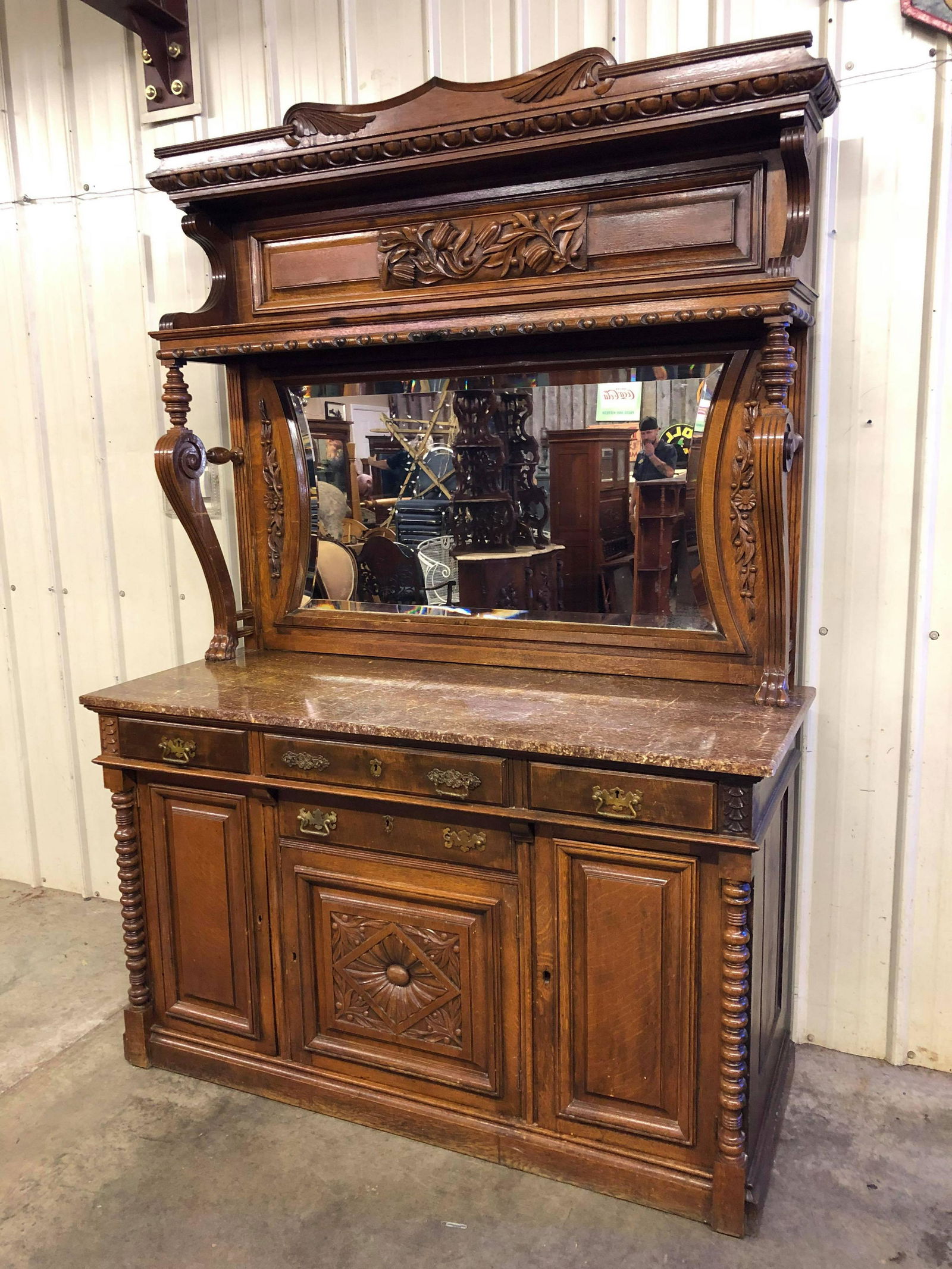 VICTORIAN STYLE CARVED MARBLETOP SIDEBOARD (1 of 7)