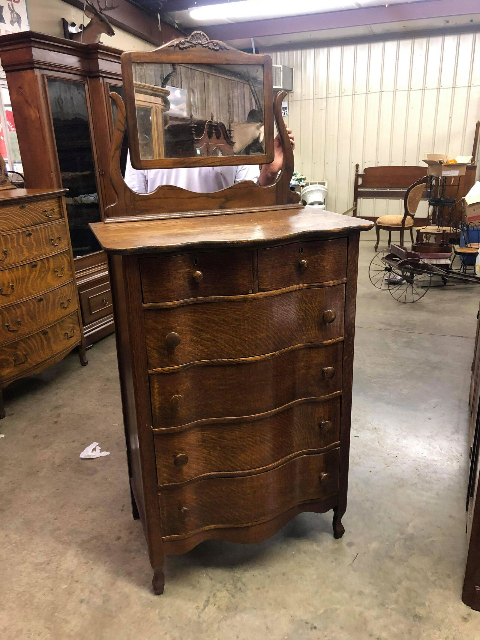 ANTIQUE OAK SERPENTINE FRONT DRESSER WITH MIRROR (1 of 3)