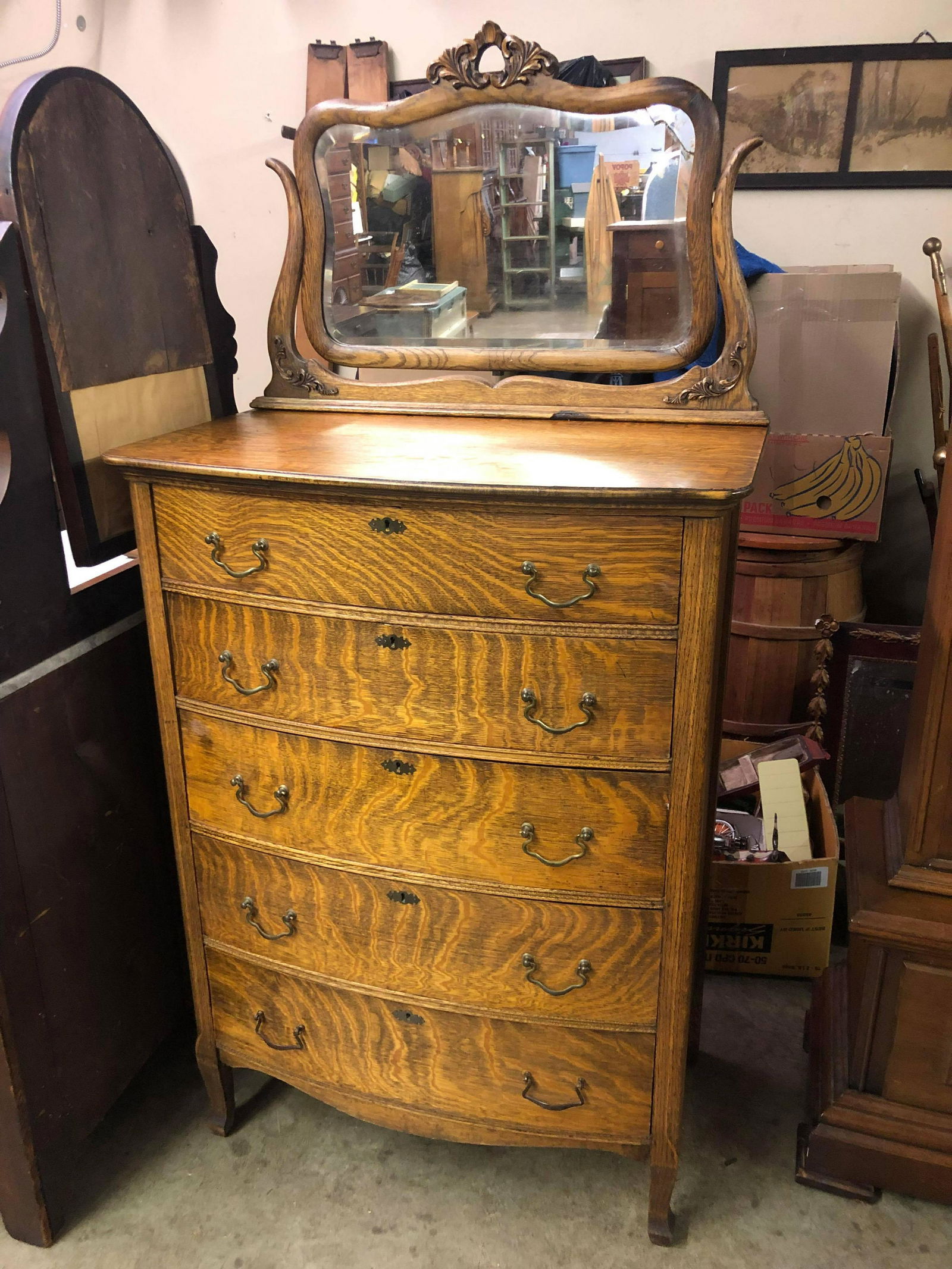 ANTIQUE TIGER OAK BOW FRONT DRESSER WITH MIRROR (1 of 3)