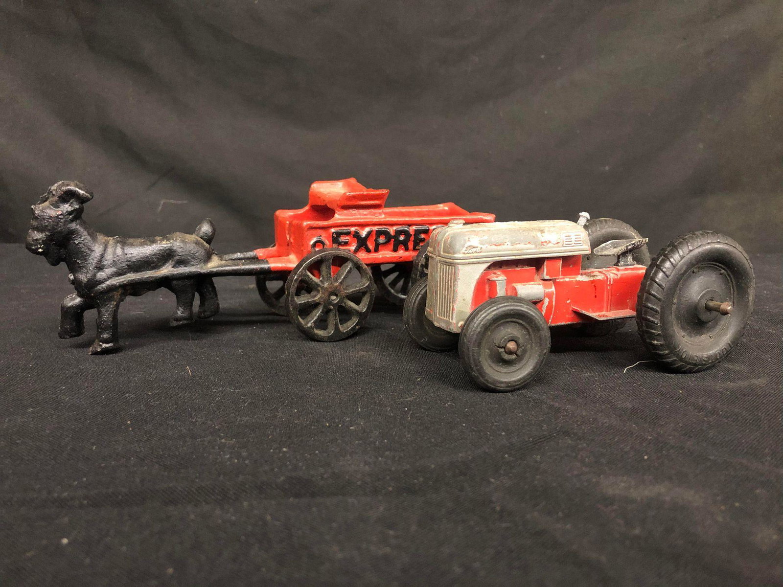 Tootsie Toy Tractor & Cast Iron Goat Express Wagon: Tootsie Toy Tractor & Cast Iron Goat Express Wagon