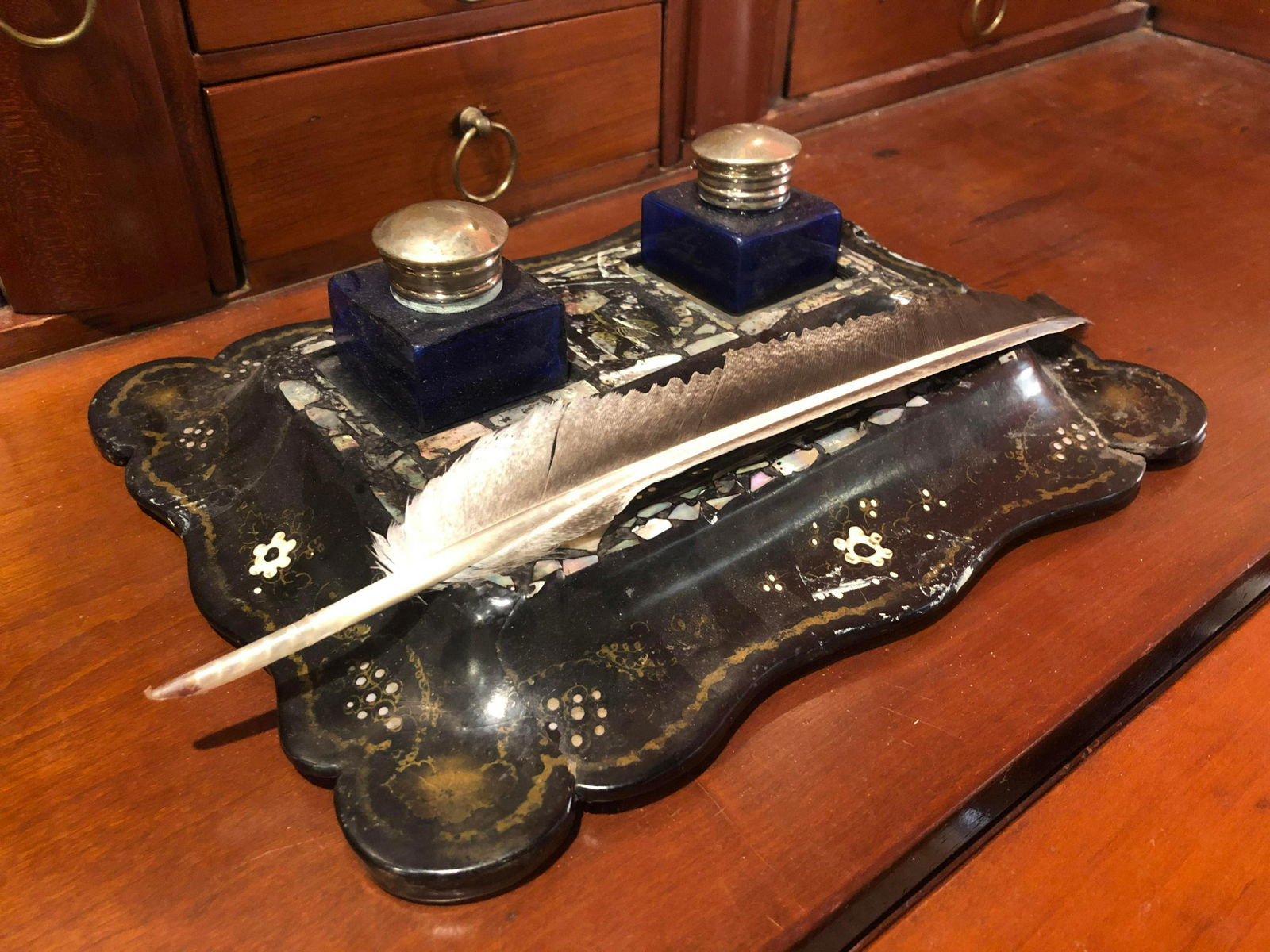 Antique Early Inkwell Set With Mother Of Pearl (1 of 2)
