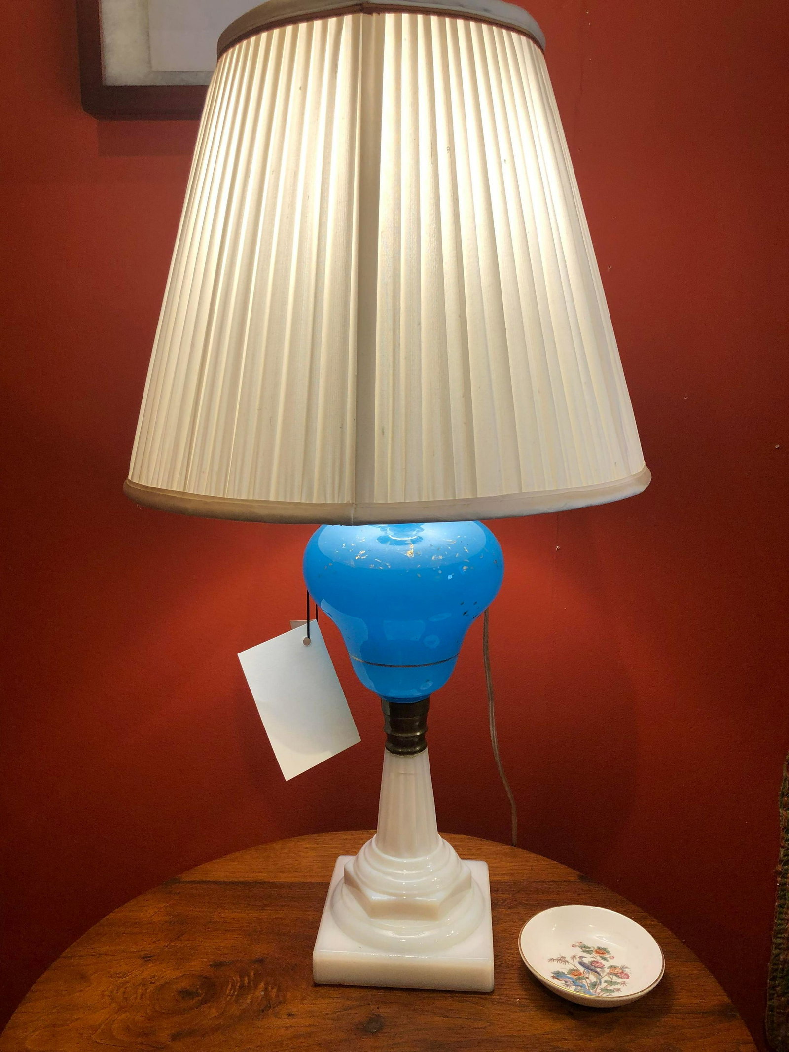 Clambroth & Blue Pressed Glass Oil Lamp. American, (1 of 2)