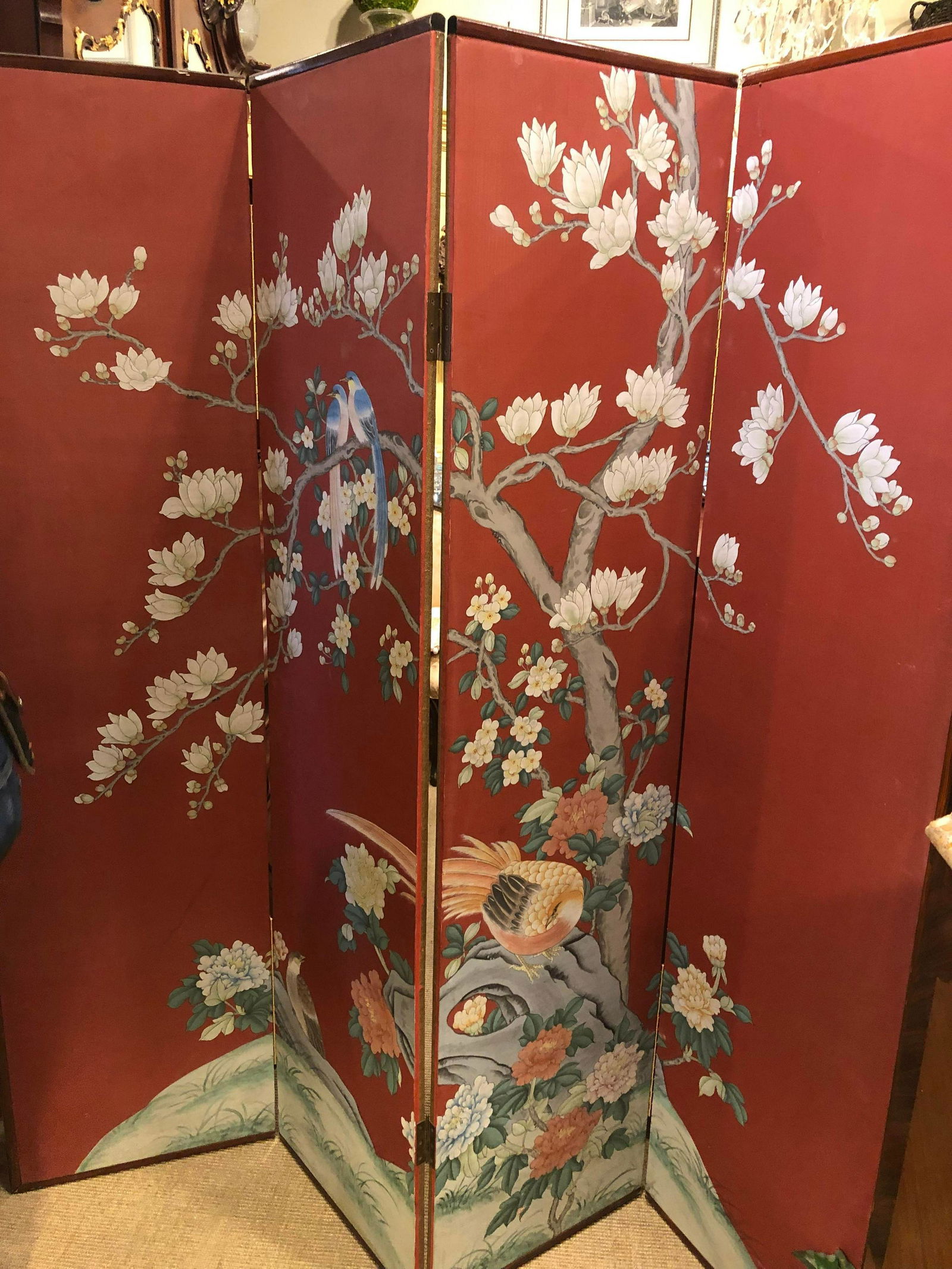 Handpainted Paper Four Fold Floor Screen. Chinese, 20th (1 of 2)