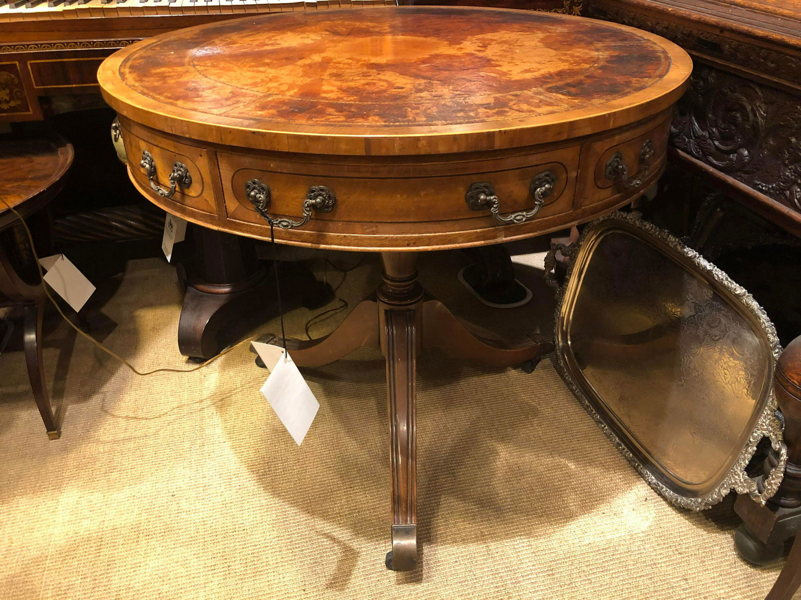 Leather Topped Circular Mahogany Drum Table By Baker (1 of 5)