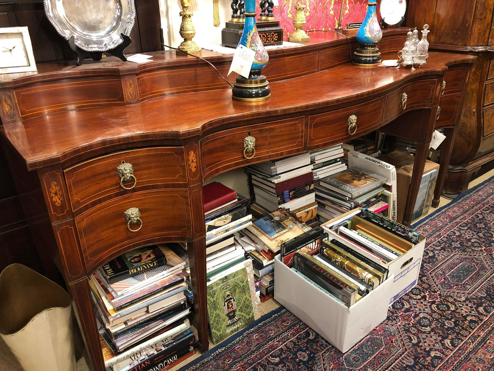 Large Inlaid Mahogany George III Sideboard With An: Large Inlaid Mahogany George III Sideboard With An Arched Brass Splash Rail. Scottish, C. 1790-1815 (91x27x43)
