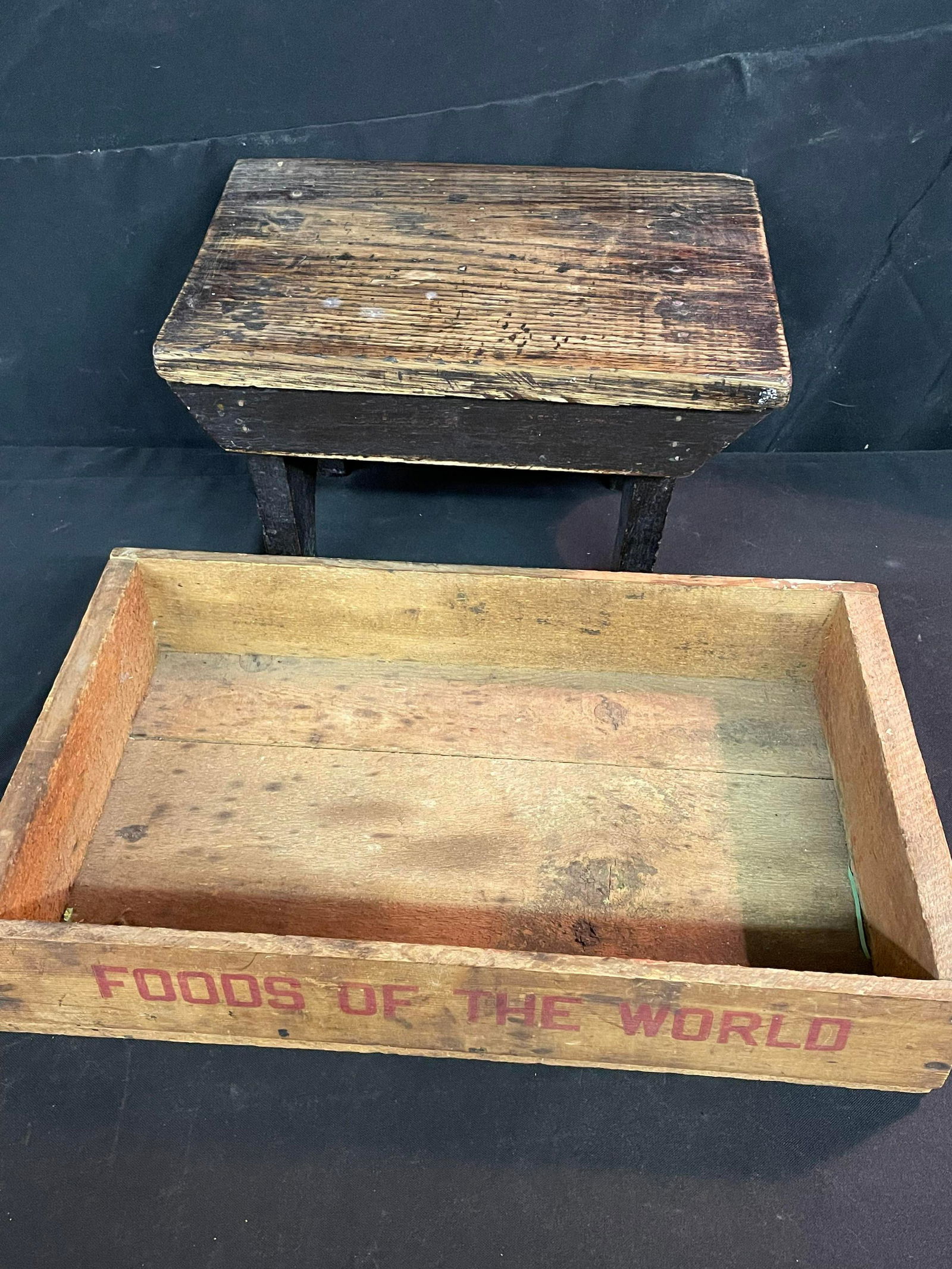 "Foods Of The World" Wooden Crate With Primitive Stool (1 of 2)