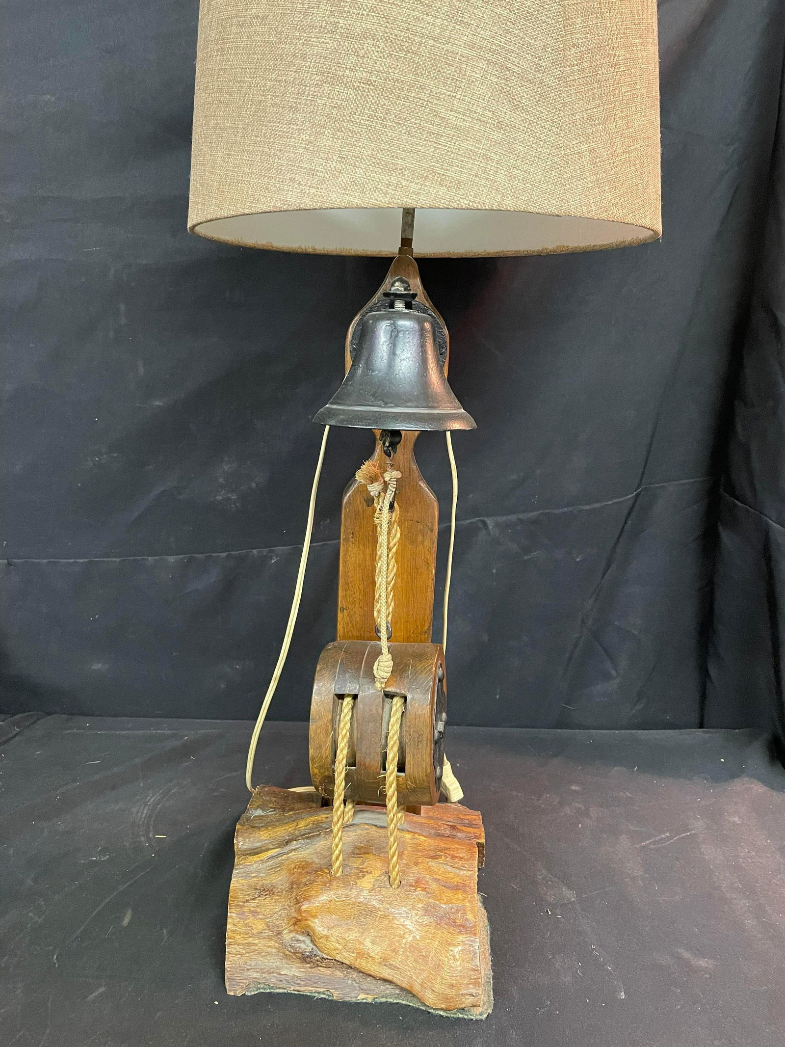 Bell And Pulley Lamp With Wooden Base (1 of 2)
