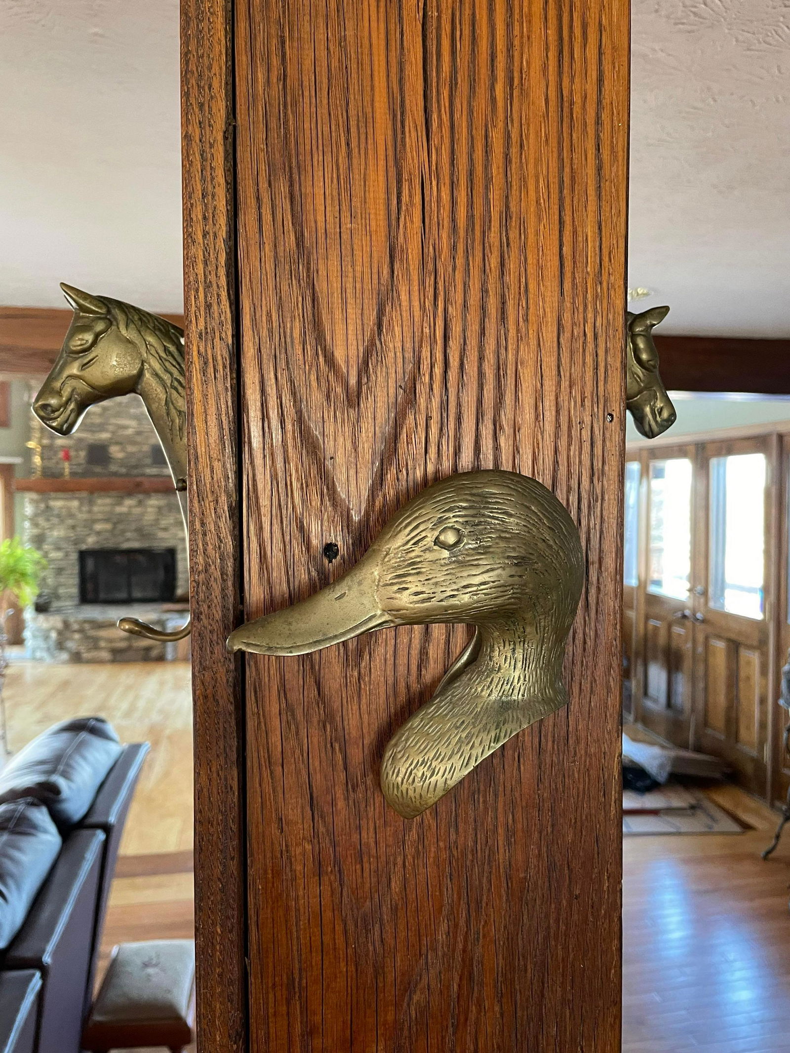 Trio Of Brass Hangers Including Pair Of Matching Brass: Trio Of Brass Hangers Including Pair Of Matching Brass Horse Head Hangers