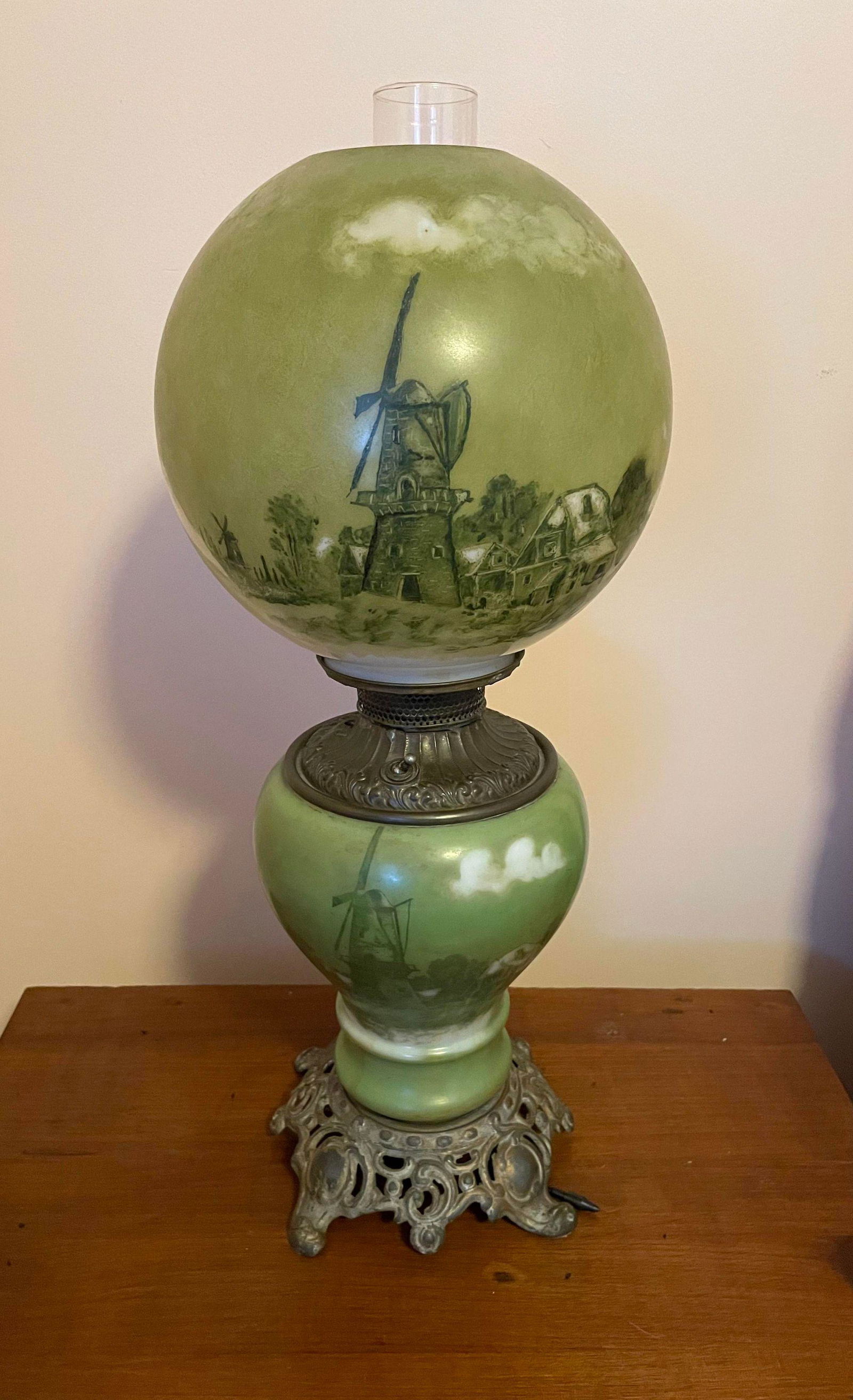 Antique Hand Painted Gone With The Wind Style Lamp With: Antique Hand Painted Gone With The Wind Style Lamp With Windmill Scene 22" H