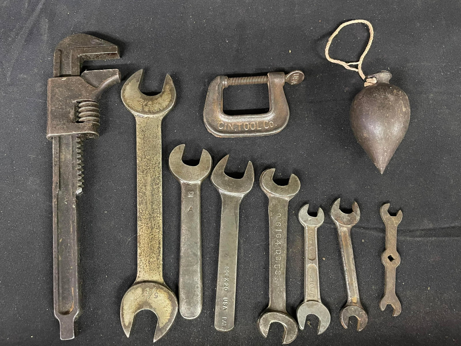 Collection Of Assorted Steel Wrenches, Clamps, Plum Bob Including Tools Marked U.S.A. And Cin. Tool: Collection Of Assorted Steel Wrenches, Clamps, Plum Bob Including Tools Marked U.S.A. And Cin. Tool Co.