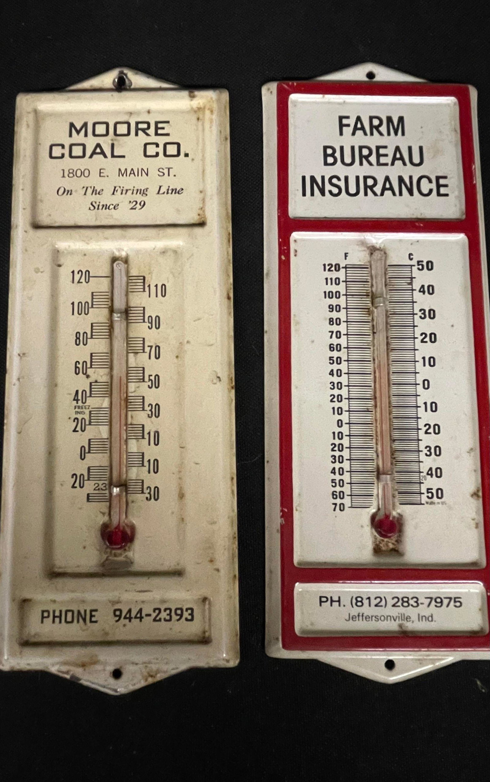 Pair Of Small Metal Thermometers Including Moore Coal Co. And Farm Bureau Insurance: Pair Of Small Metal Thermometers Including Moore Coal Co. And Farm Bureau Insurance