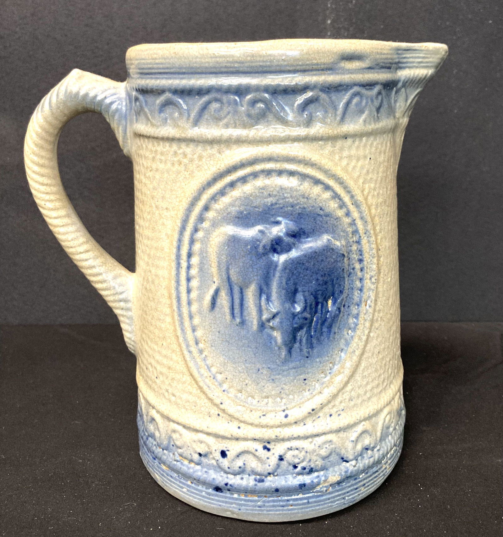 Blue And White Stoneware Milk Pitcher With Cow Design (8"T,9"W) (1 of 2)