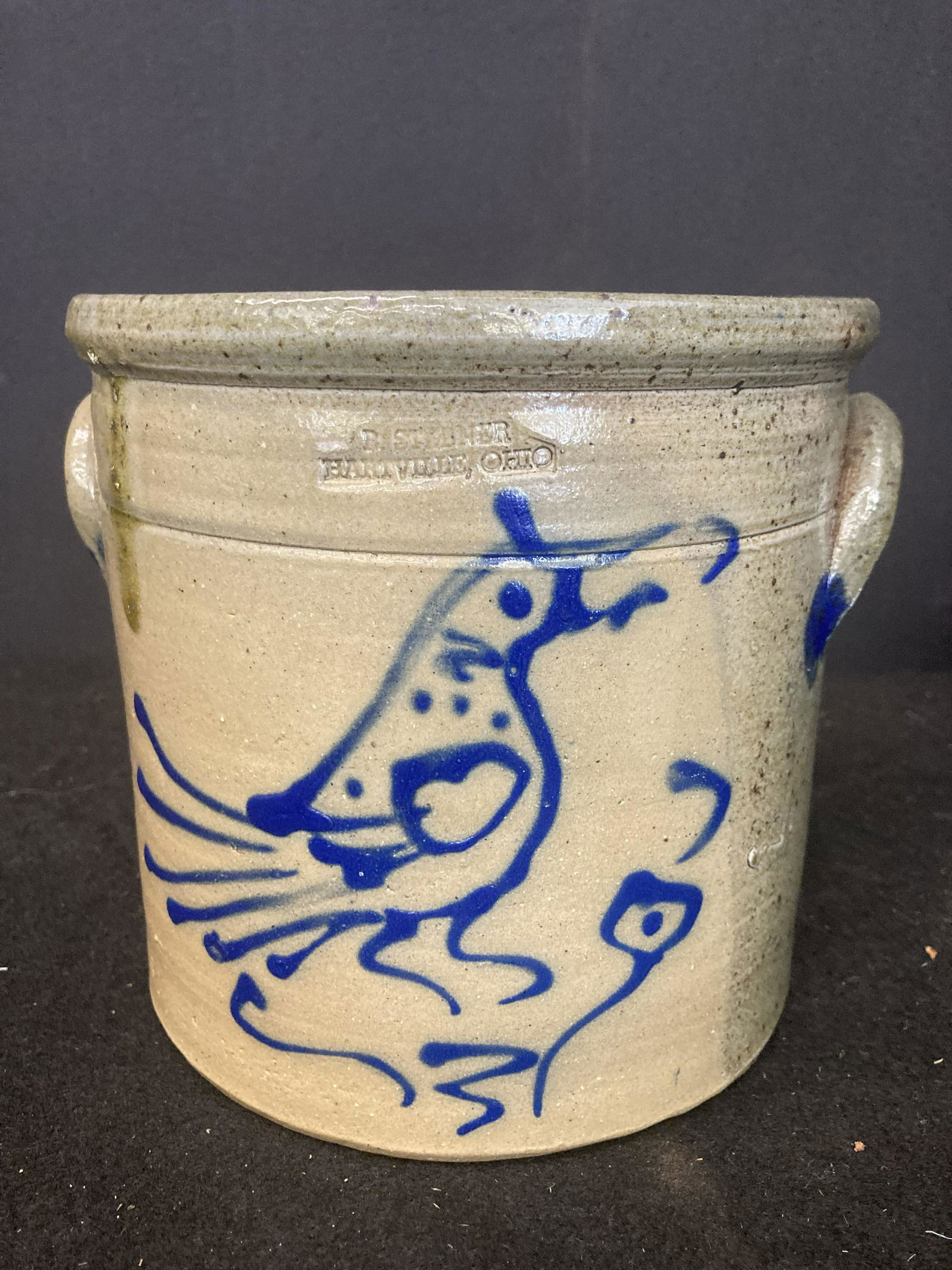 Blue Decorated Stoneware Crock With Bird Design B. Stebner Hartville, Ohio. (7"x7.75") (1 of 3)