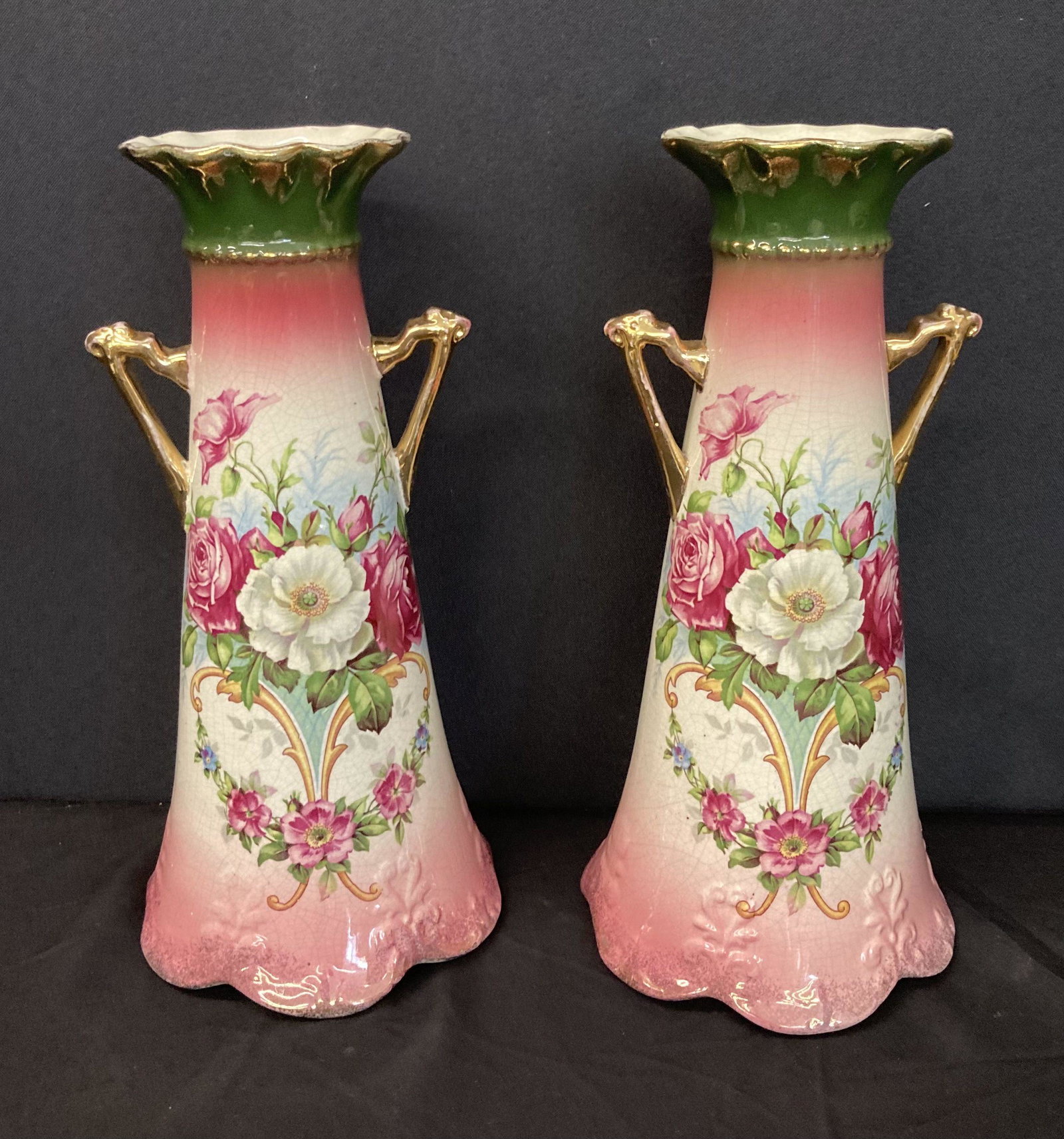 Pair Of Floral Decorated Mantle Vases (12"x6"): Pair Of Floral Decorated Mantle Vases (12"x6")