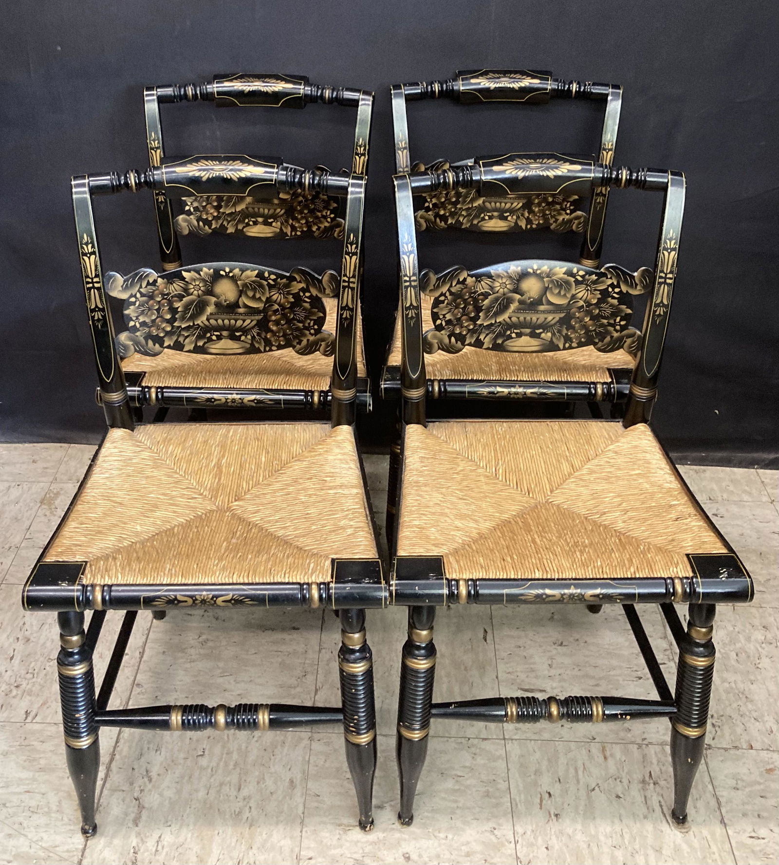 Set Of 4 Gold Stenciled Signed Hitchcock Chairs With Woven Seats (34"x18"x16") (1 of 3)