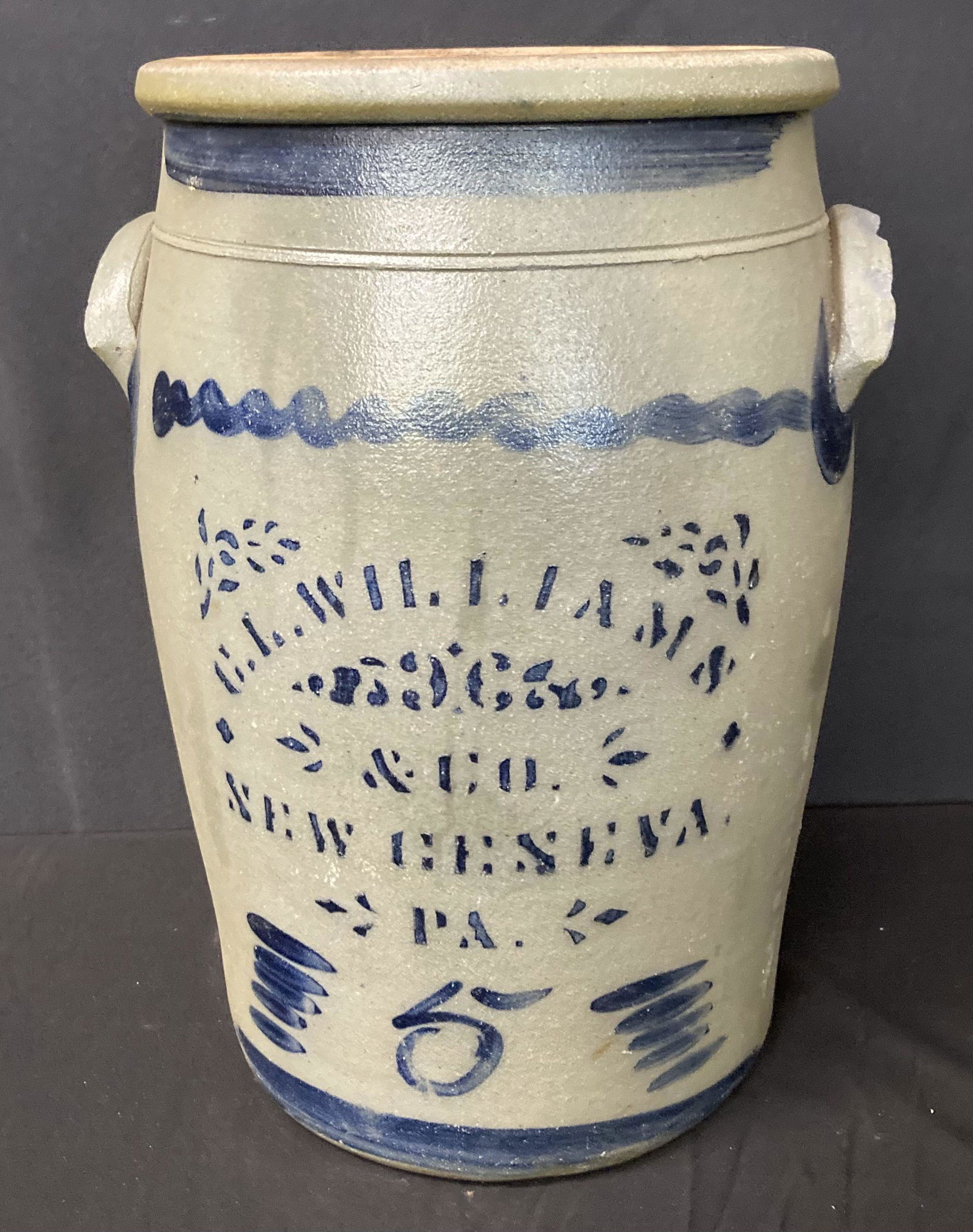 Rare Highly Blue Decorated CL Williams And Co. New Geneva, PA. 5 Gallon Stoneware Crock (16"x11") (1 of 2)