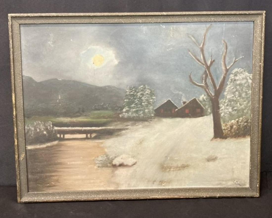 Early Winter Snow Scene Oil On Board In Ornate Frame (24"x18") (1 of 2)