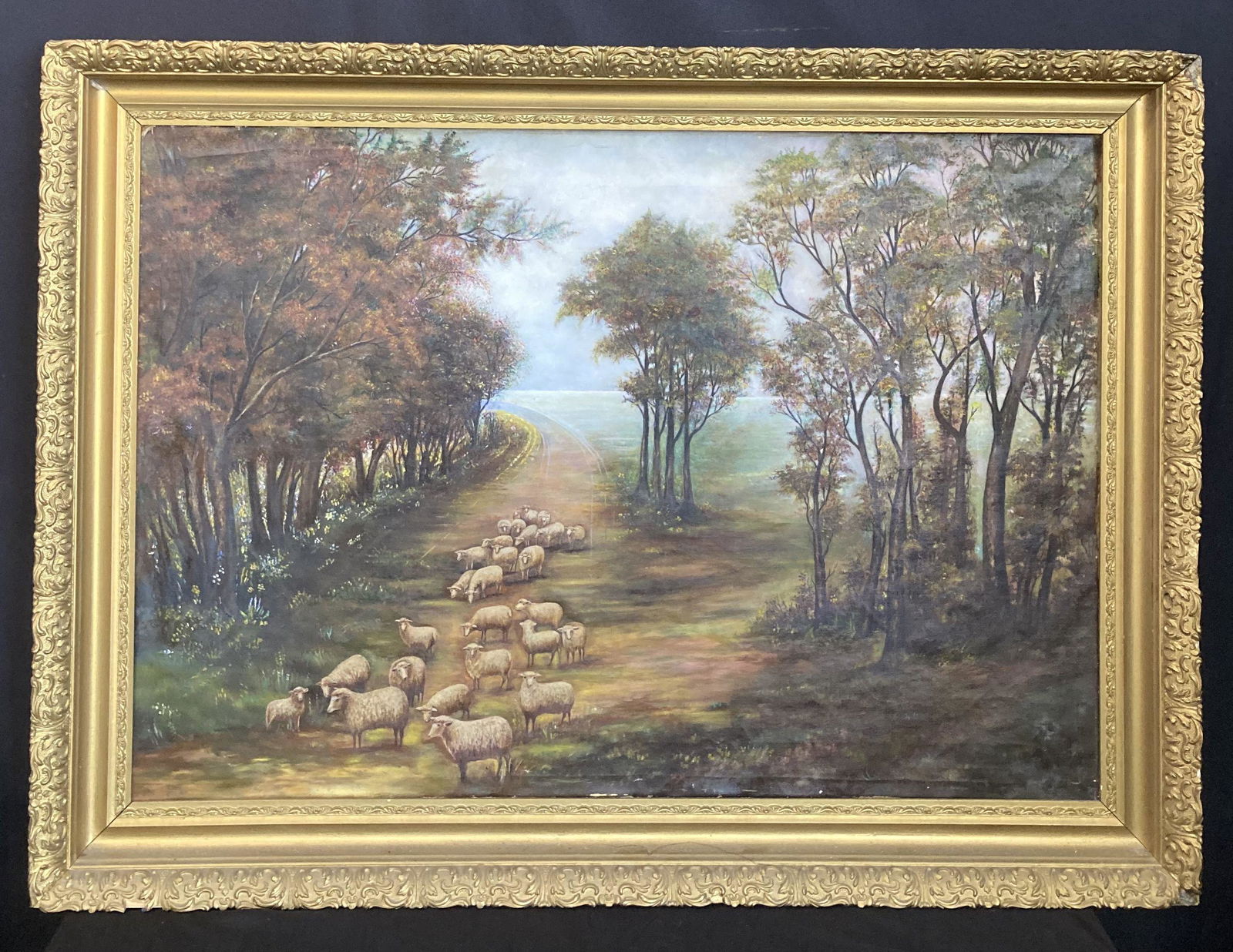 Early Oil On Canvas Of Sheep Herd In Gold Gilded Frame (46"x34") (1 of 1)
