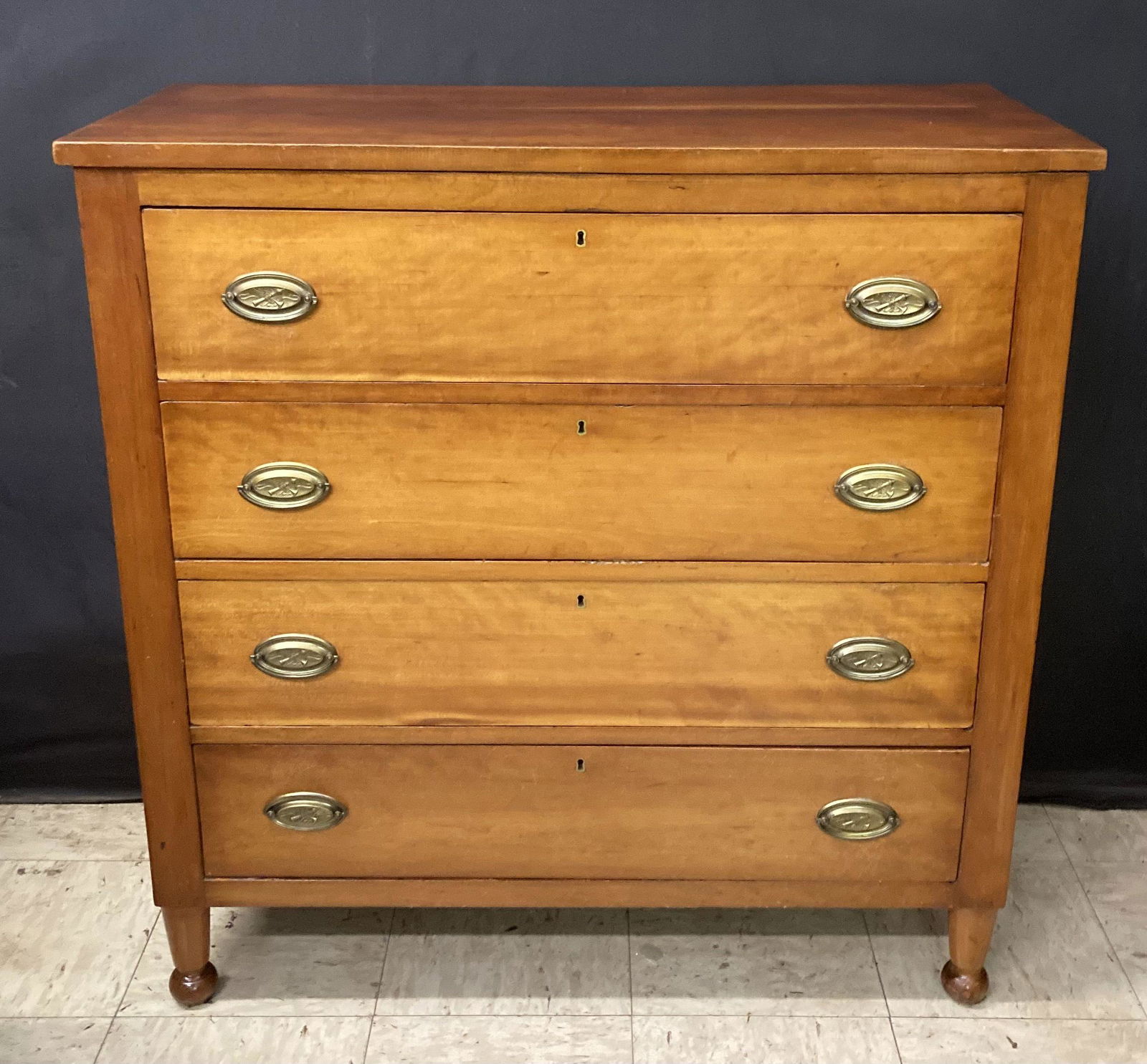 Early 4 Drawer Sheraton Cherry Chest On Turned Legs (40.5"x18"x40") (1 of 4)
