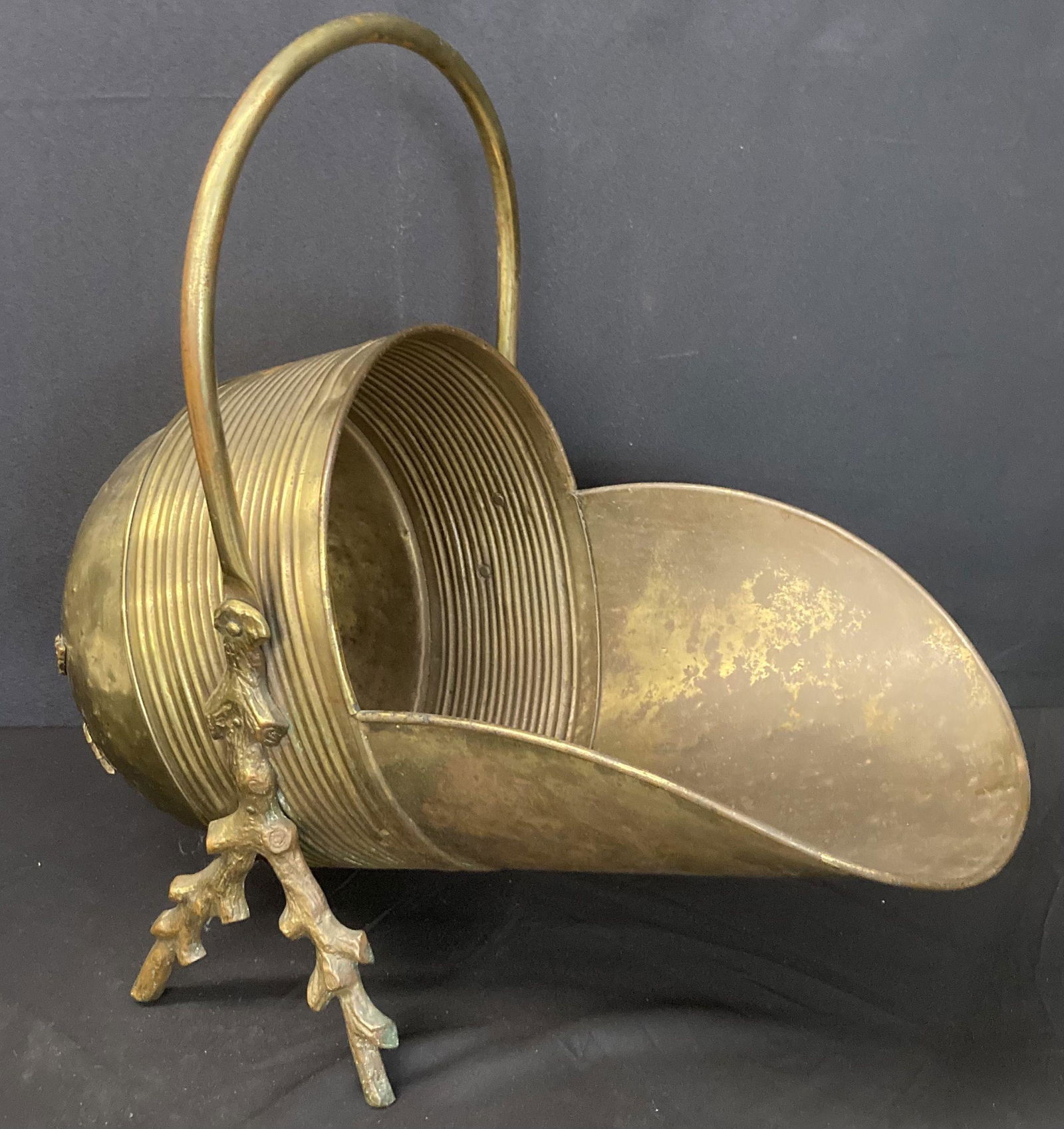 Early Brass Coal Bucket On Twig Legs (20"x20"x11") (1 of 2)