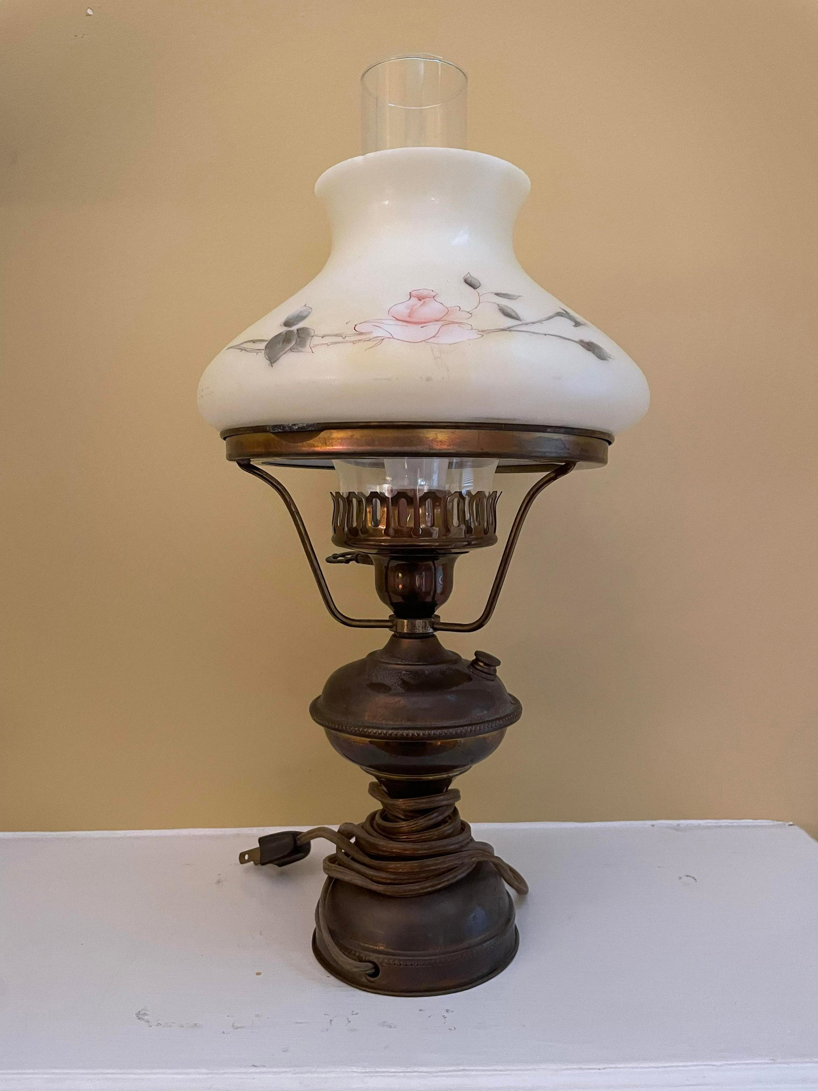 Matching Pair Of Antique Brass Oil Lamps With Hand Painted Shades One Lamp With Small Crack In Base (1 of 3)