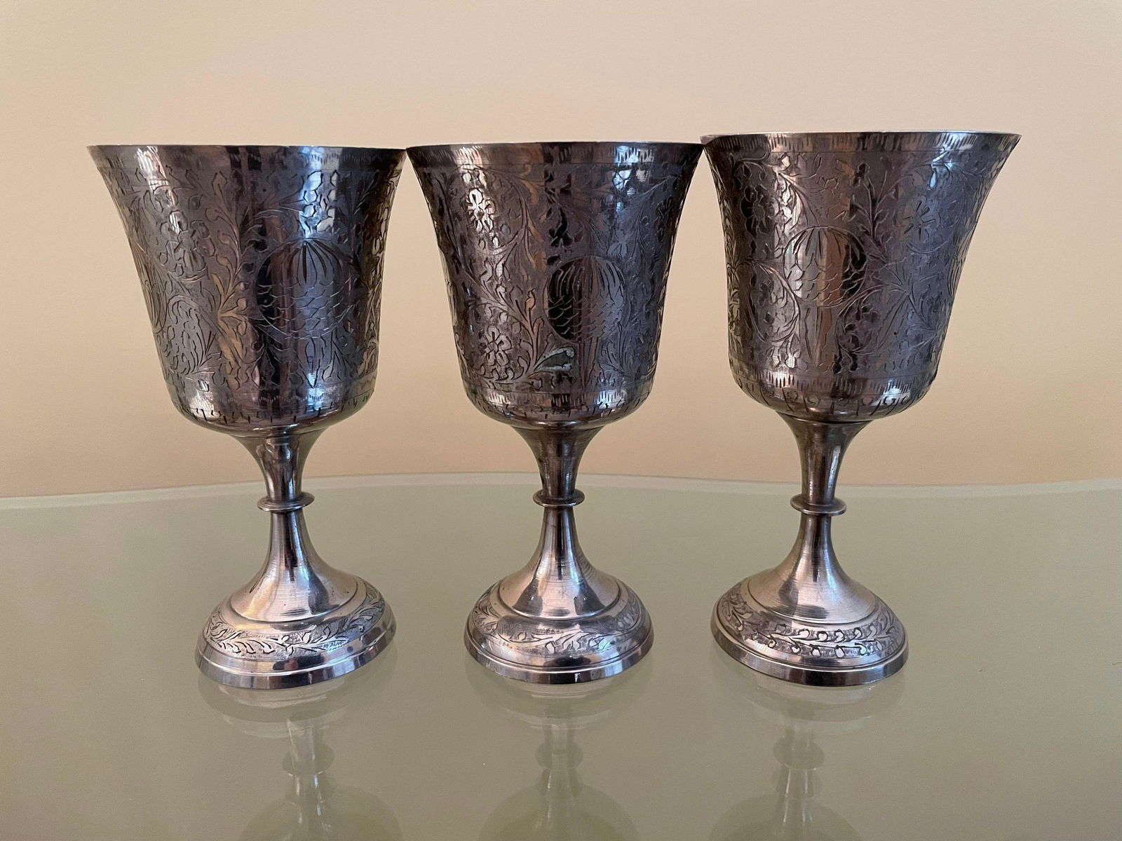 Trio Of Hand Engraved Silver Goblets 7" (1 of 1)