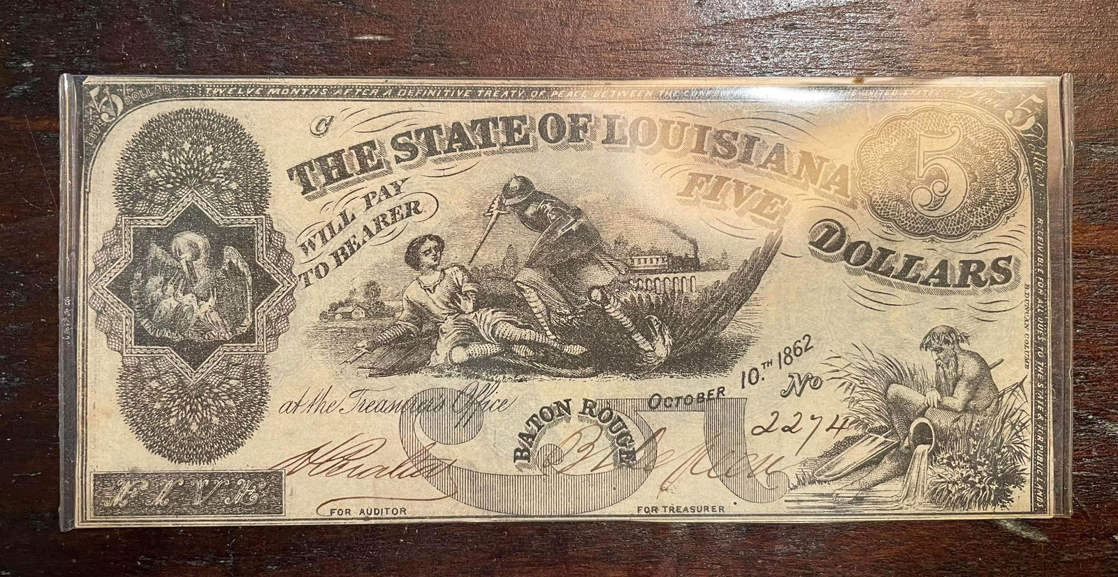 1862 State Of Louisiana Five Dollar Bill No. 2274: 1862 State Of Louisiana Five Dollar Bill No. 2274