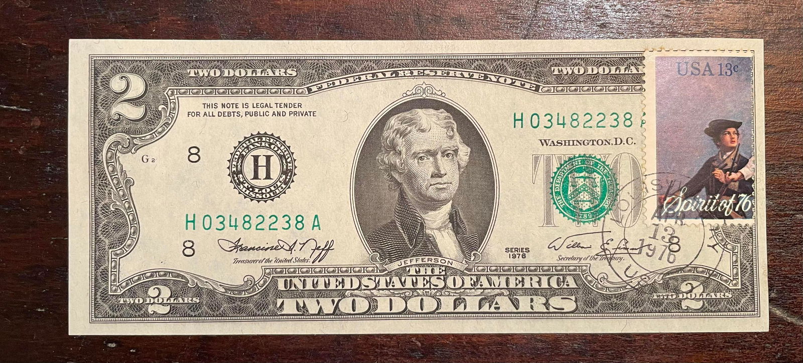 1976 Jefferson 2$ Dollar Bill Stamped: 1976 Jefferson 2$ Dollar Bill Stamped