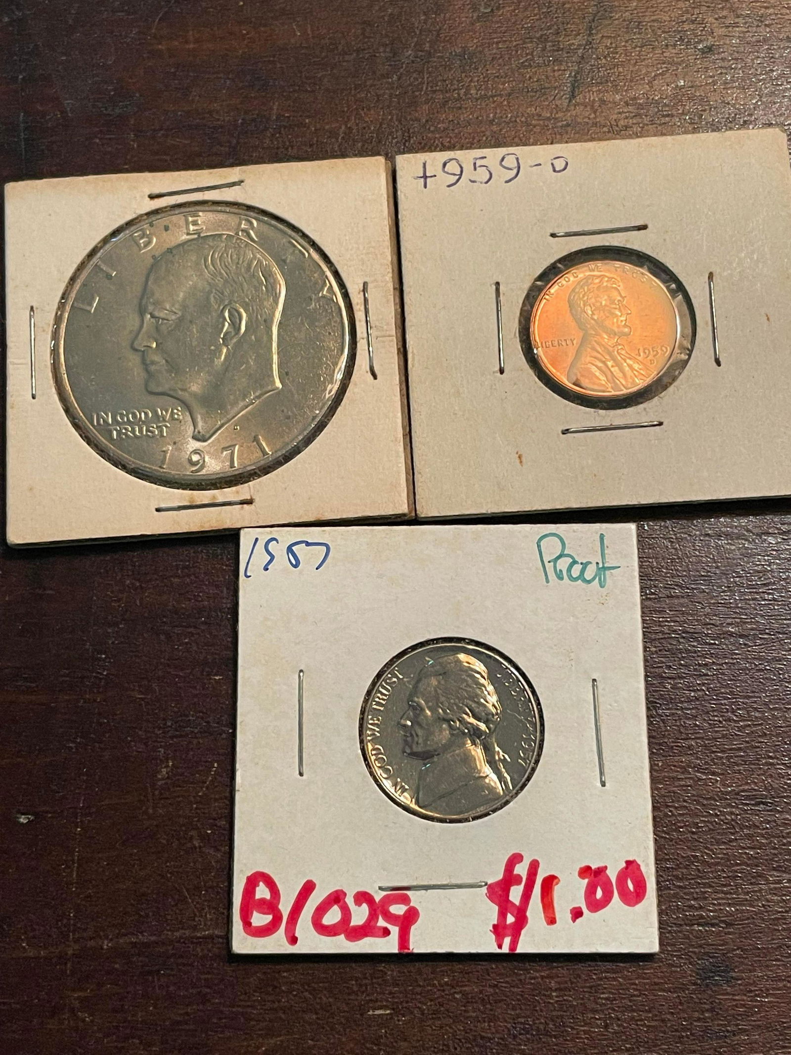 1971 Eisenhower Silver Dollar Coin, 1959-D Penny With 1957 Proof Nickel: 1971 Eisenhower Silver Dollar Coin, 1959-D Penny With 1957 Proof Nickel