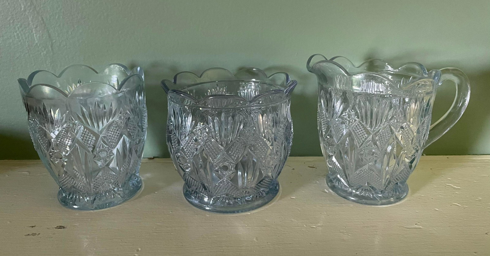 Trio Of Crystal Cut Glass Pieces Including Pitcher And Pair Of Vases/Rose Bowls (App. 4"x5"): Trio Of Crystal Cut Glass Pieces Including Pitcher And Pair Of Vases/Rose Bowls (App. 4"x5")