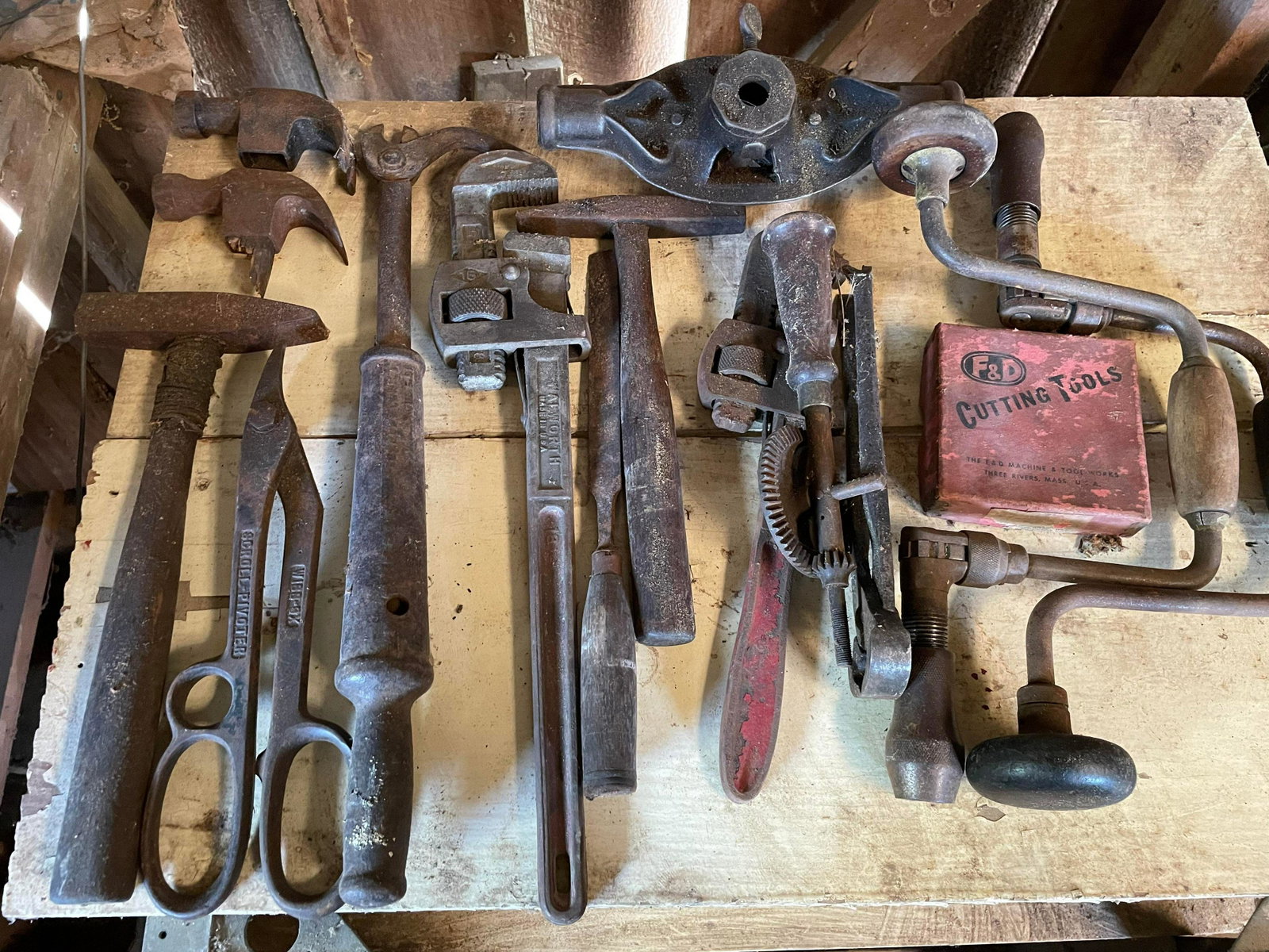 Antique Tools Including Blacksmithing Hammers, U.S.A. Made Adjustable Wrenches, Hand Drills, Snips: Antique Tools Including Blacksmithing Hammers, U.S.A. Made Adjustable Wrenches, Hand Drills, Snips And Chisels