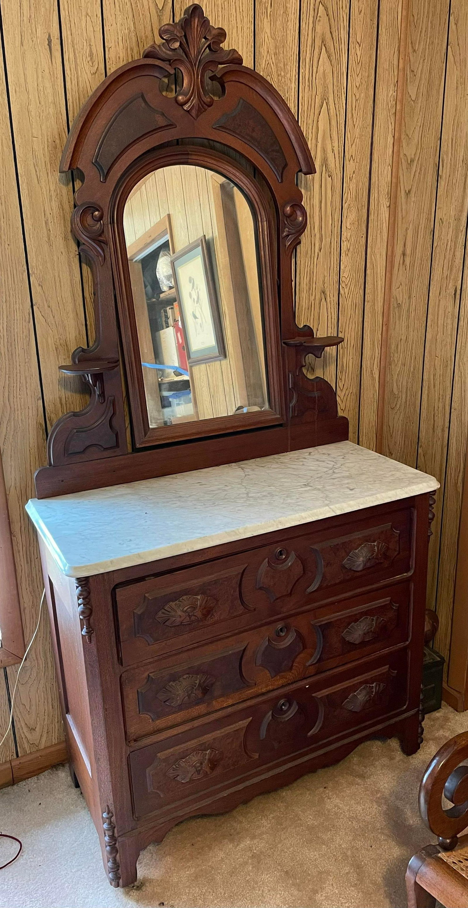 Antique Victorian Carved Marble Top Dresser With Mirror: Antique Victorian Carved Marble Top Dresser With Mirror