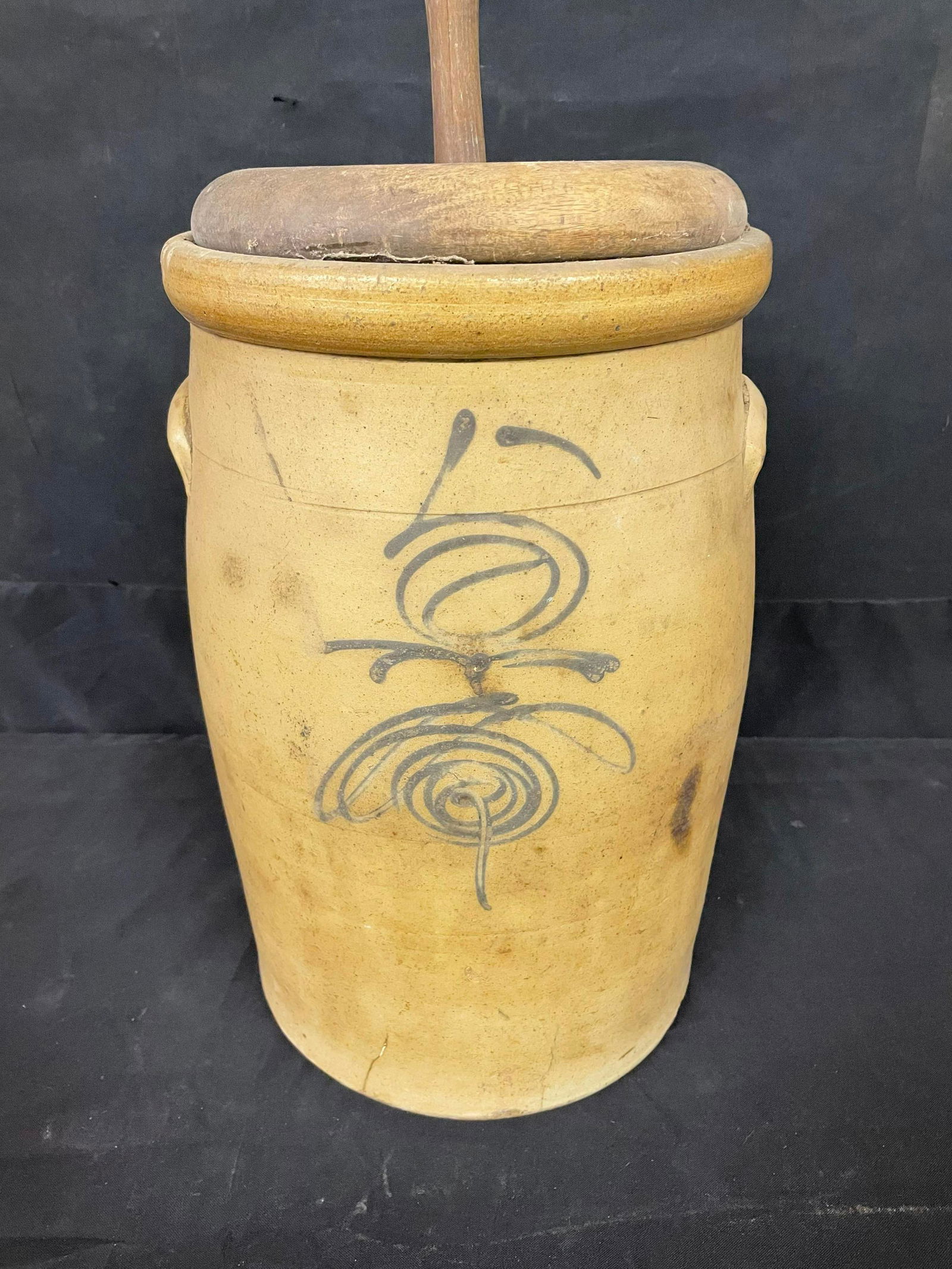 Antique No. 5 Cobalt Bee Sting Turkey Droppings Complete Stoneware Crock Churn (1 of 5)