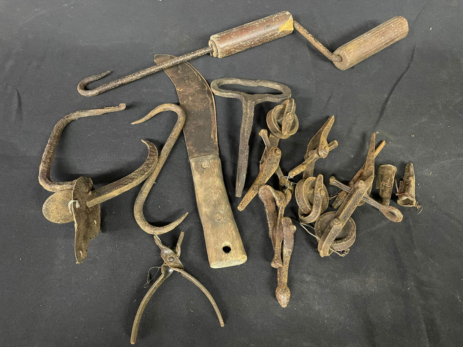 Collection Of Primitive Hand Tools With Unique Assortment Of Hand Forged Hooks And Pulleys (1 of 1)