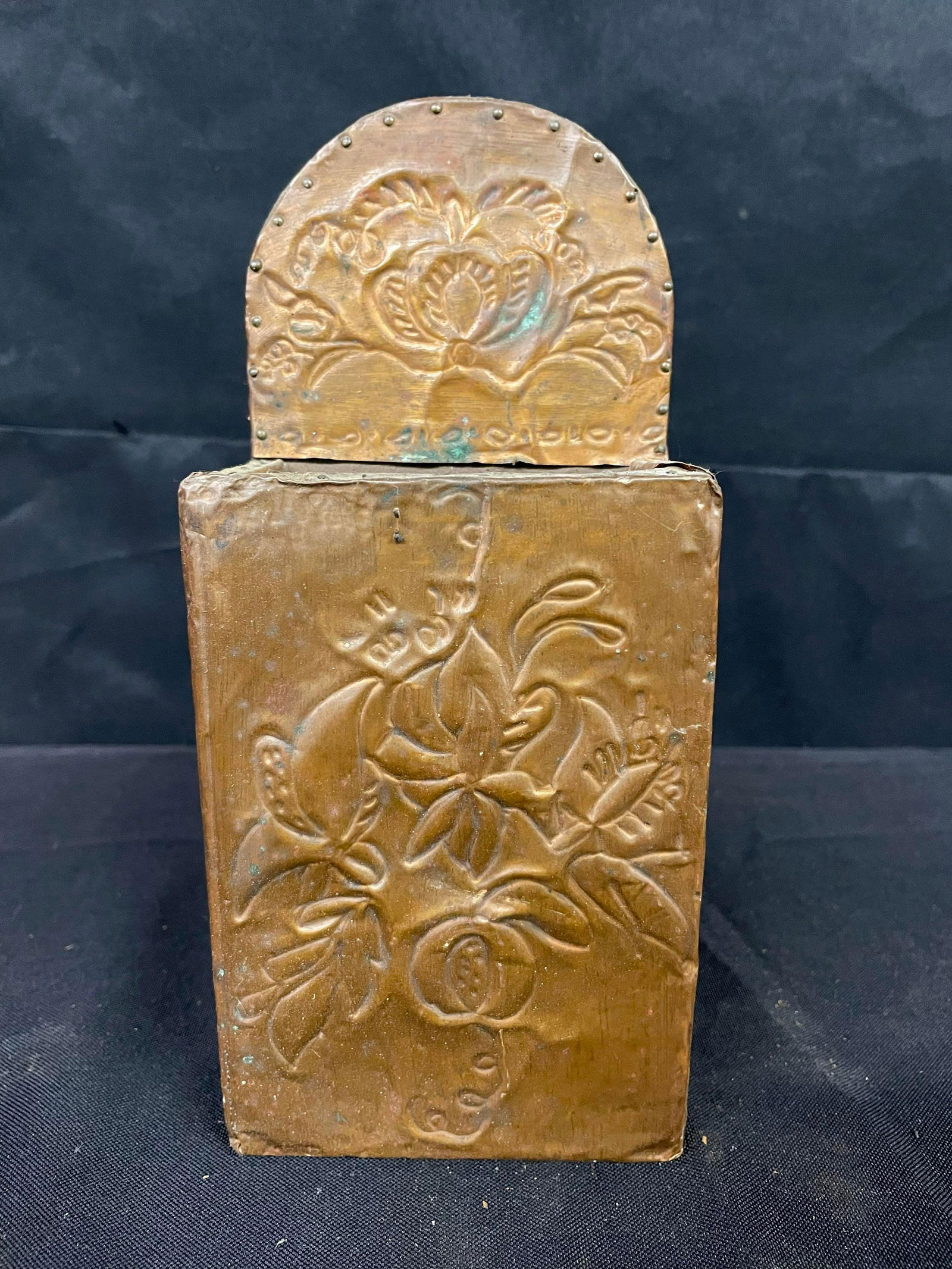 Wooden Matchbox Holder-Style Antique Single Compartment Shelf With Rounded Back And Stamped Copper (1 of 3)