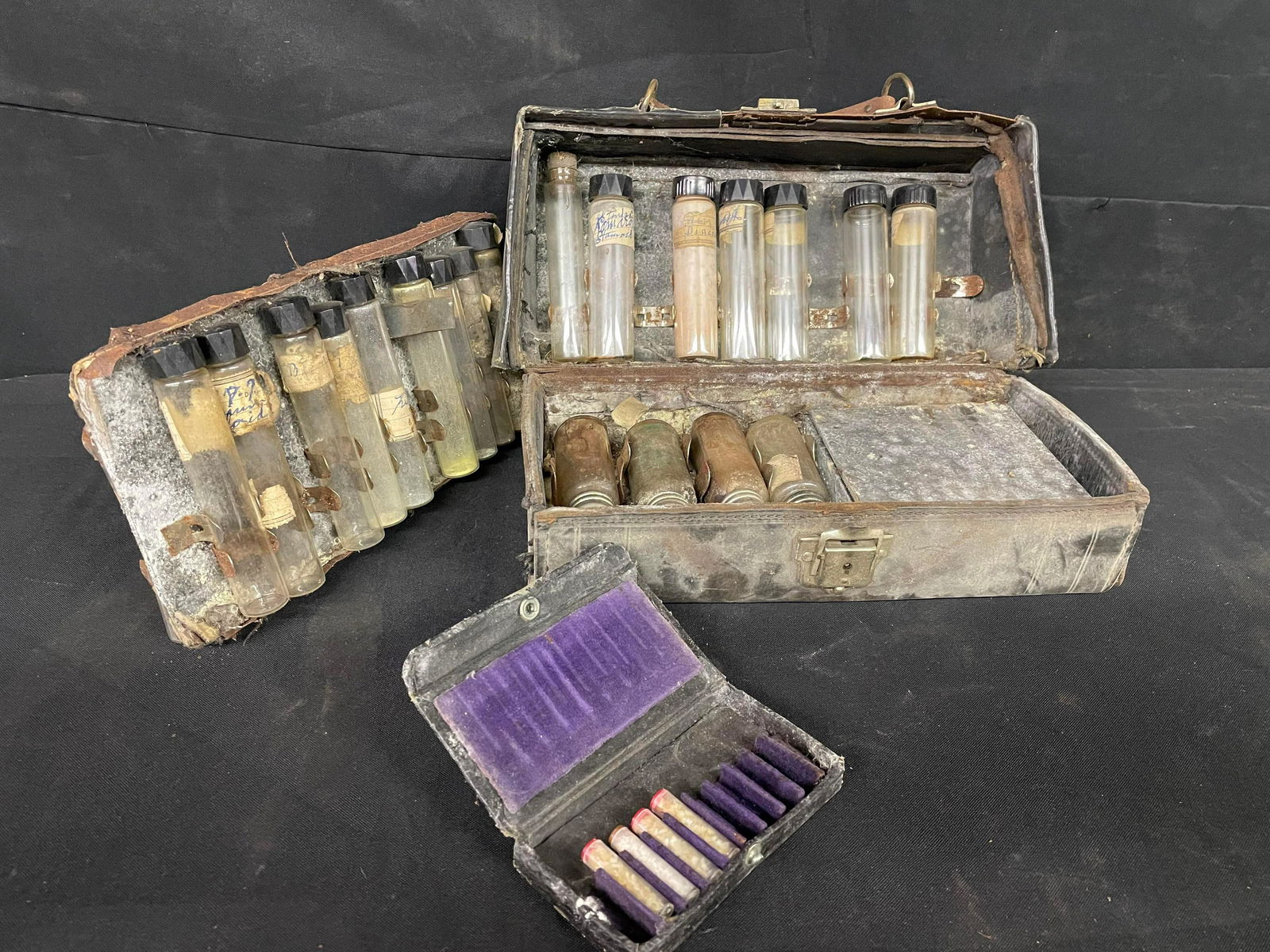 Antique Leather Medical/Science Style Kit With Collection Of Vials With Petite Leather Case With (1 of 4)