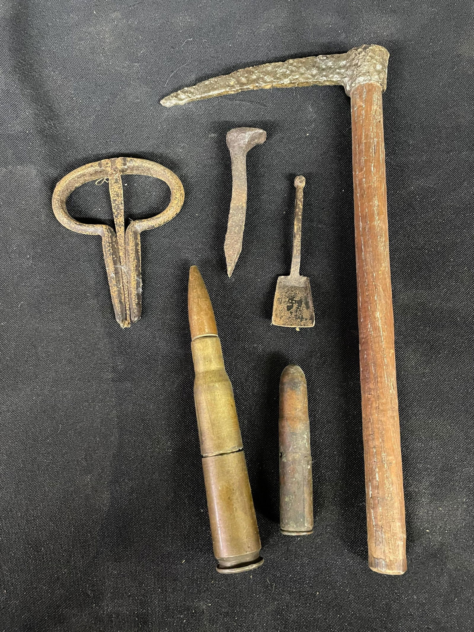Antique Miniature Pick Axe, Miniature shovel, High Caliber Ammo Round, Etc. (1 of 2)