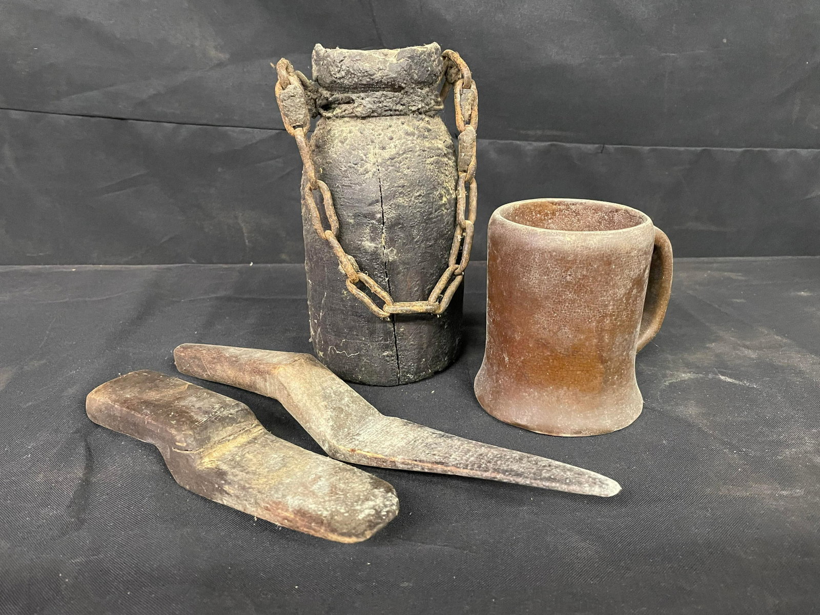 Ancient-Early Crock With Chain And Assorted Primitive Kitchen Items: Ancient-Early Crock With Chain And Assorted Primitive Kitchen Items