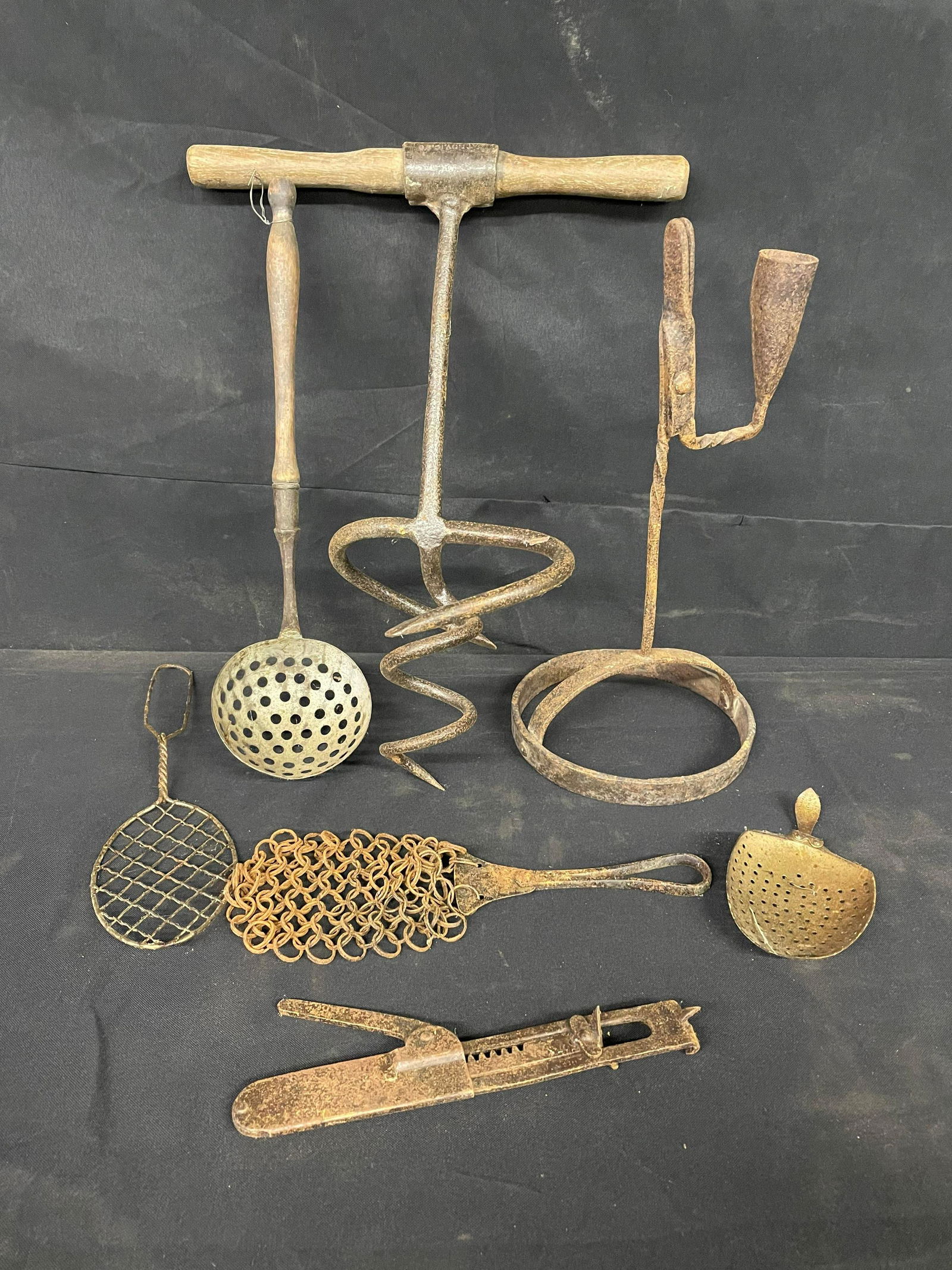 Early Primitive Hand Forged Candlestick Holder, Wooden Handle Auger Tool, Strainer With Early (1 of 1)